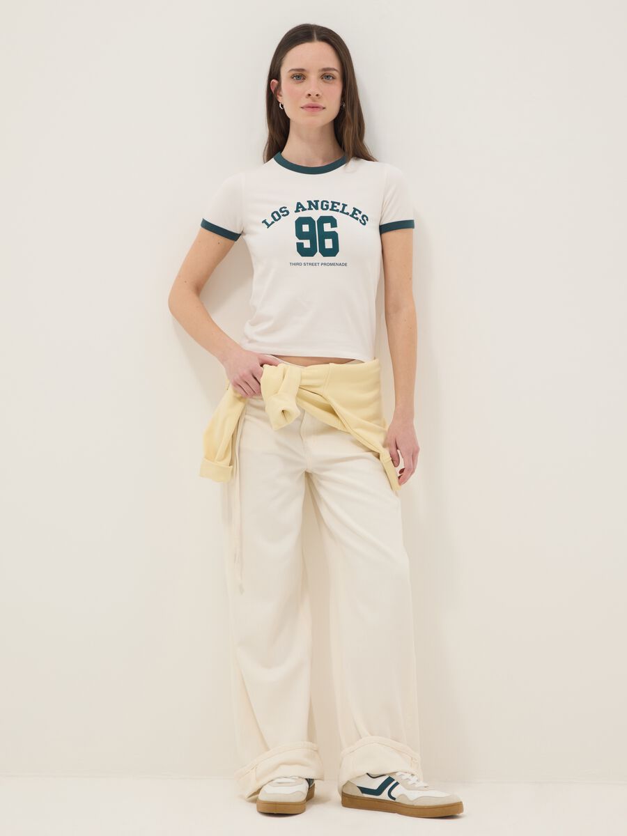 White regular fit stretch cotton T-shirt with green print_2