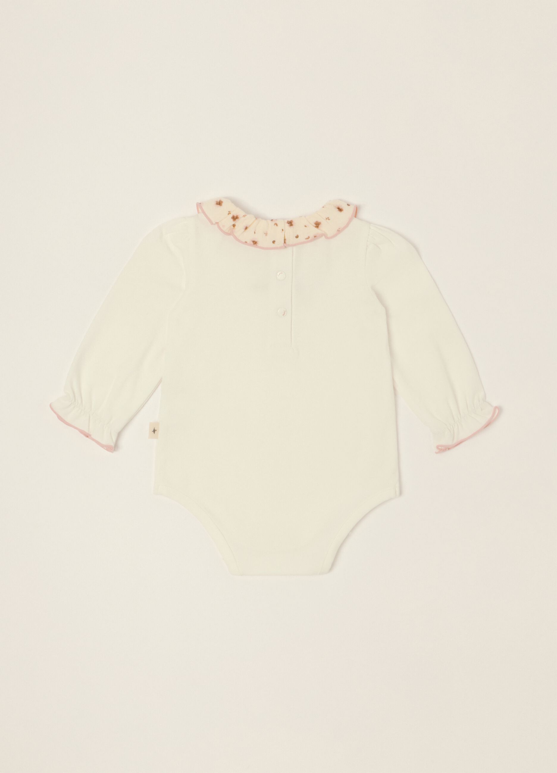 White stretch cotton baby girl bodysuit with decorated collar