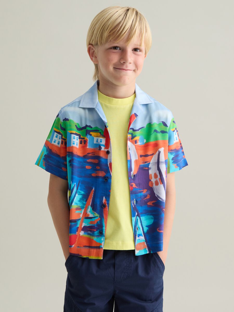 Multicolour pure viscose over fit boys' shirt with marine landscape print_0