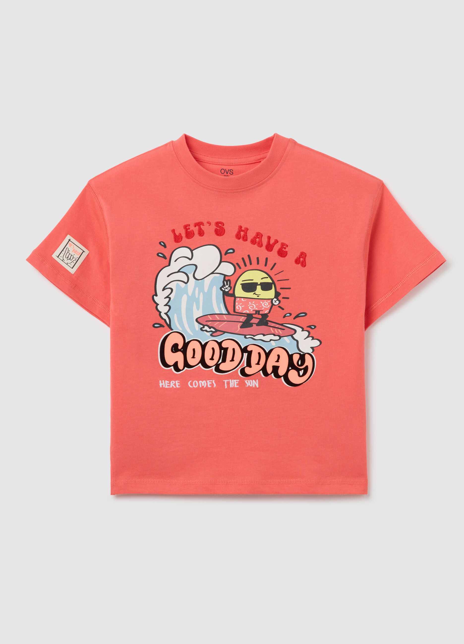Pink T-shirt in cotton with sun surfer print and embroidery