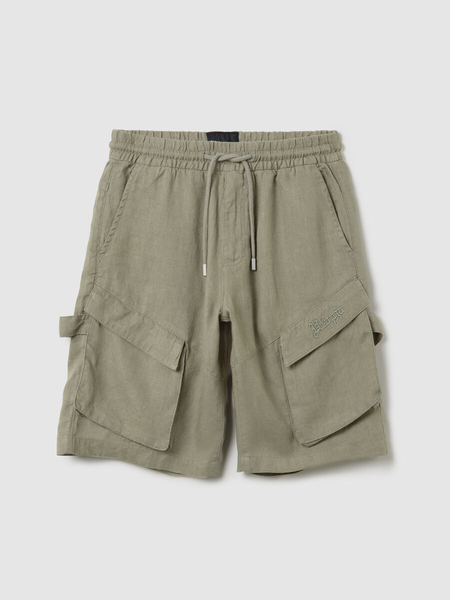 100% Linen Cargo Shorts Military Green_6