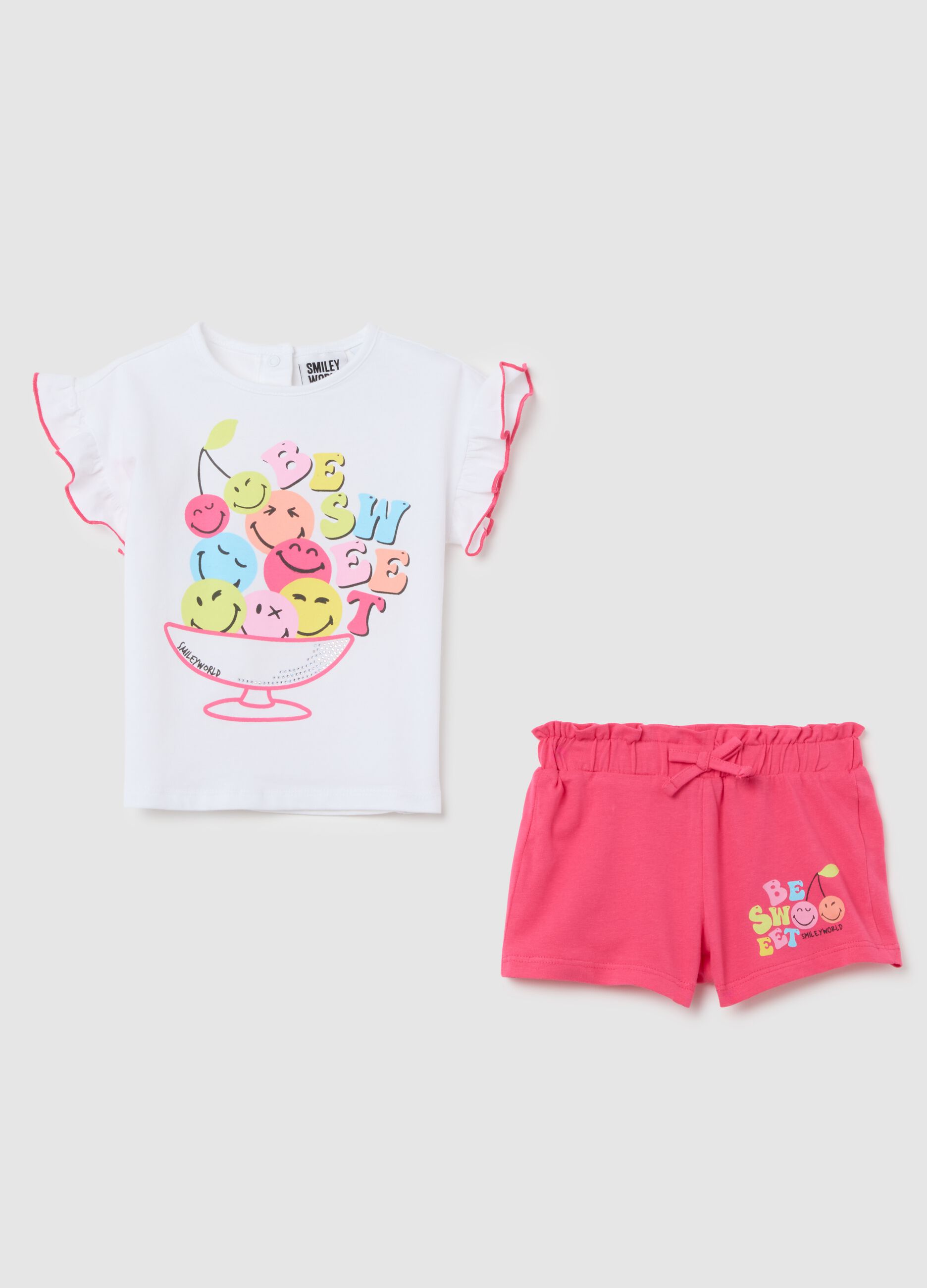 Girls' white and pink cotton outfit, regular fit with print