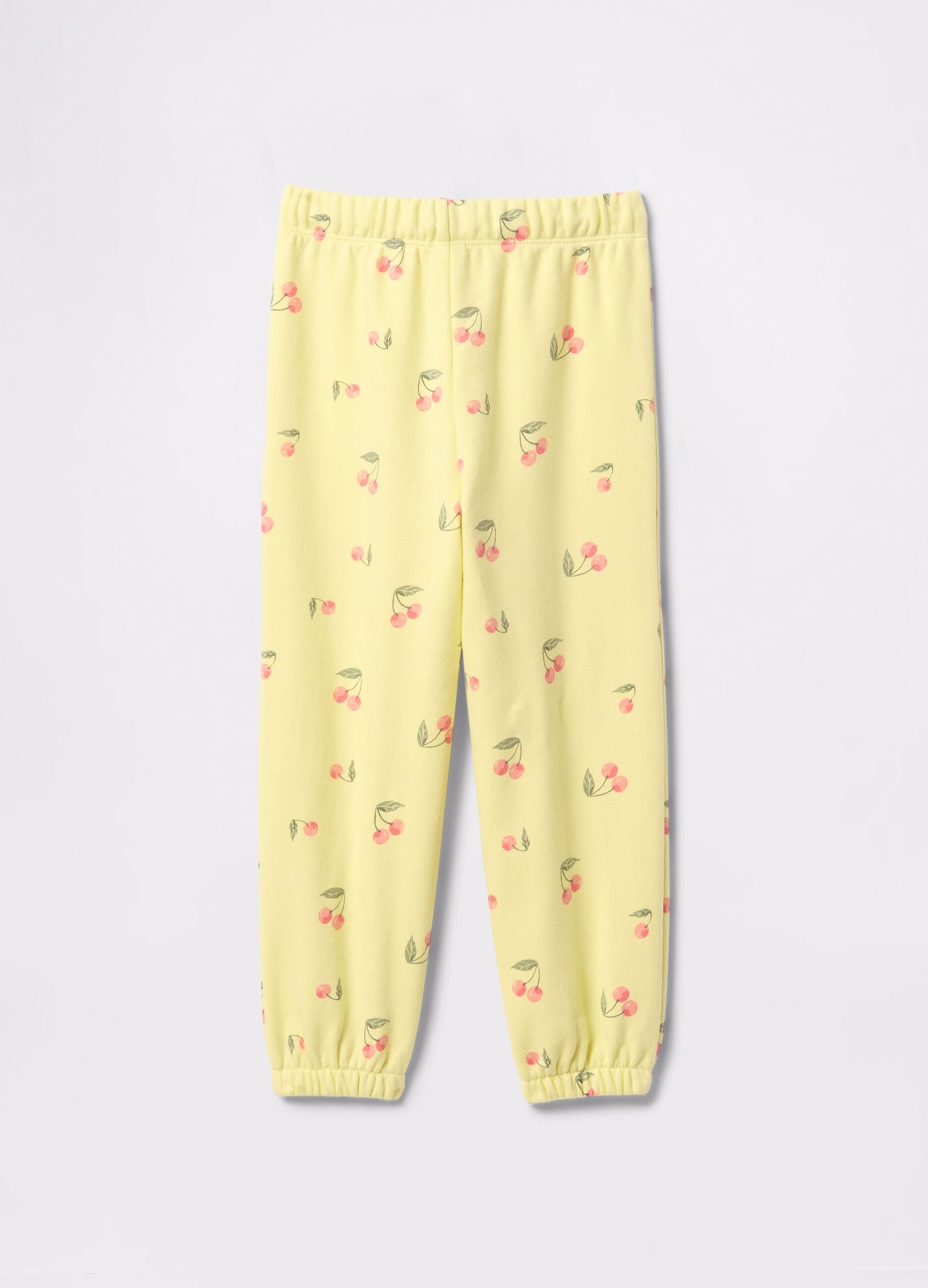 Yellow joggers with drawstring, logo embroidery and cherries print