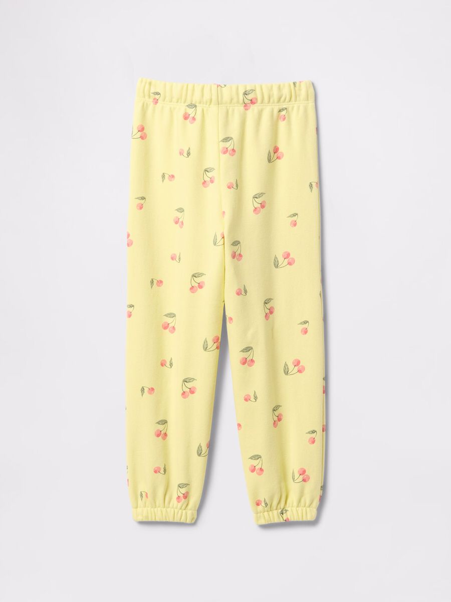 Yellow joggers with drawstring, logo embroidery and cherries print_1