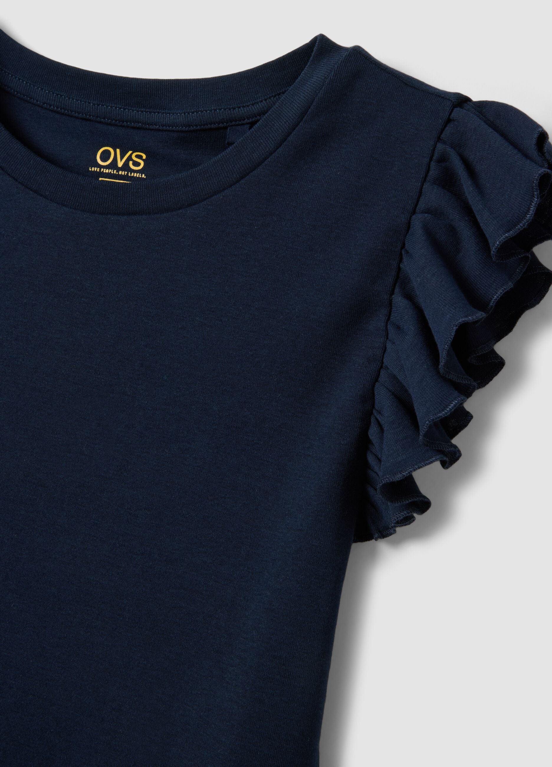 Slim fit blue pure cotton T-shirt with ruffles