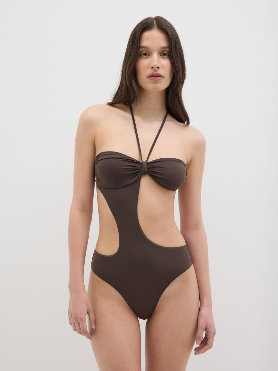 Women's brown stretch fabric one-piece swimsuit_1