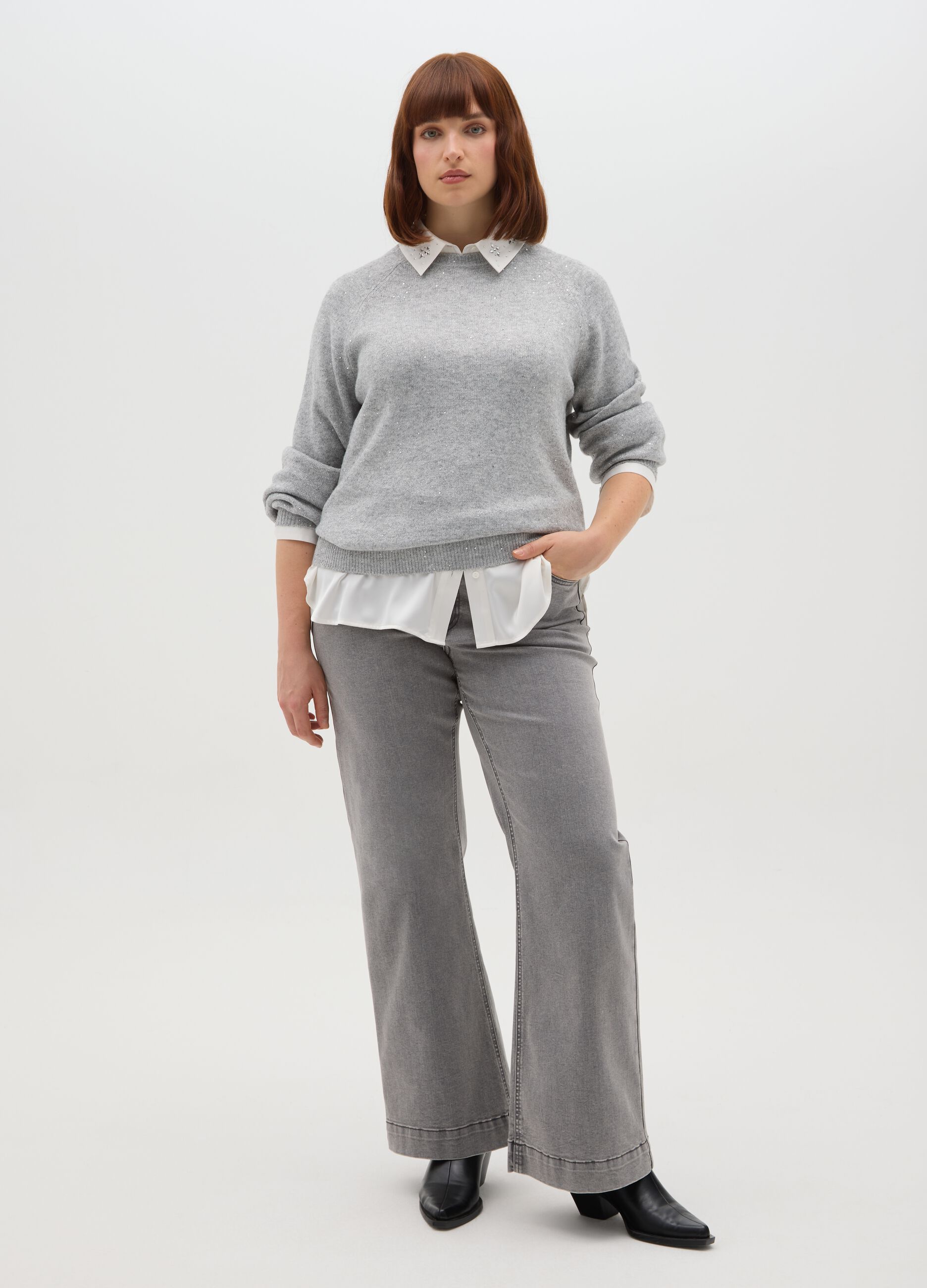 Grey lurex effect crew neck sweater with over fit