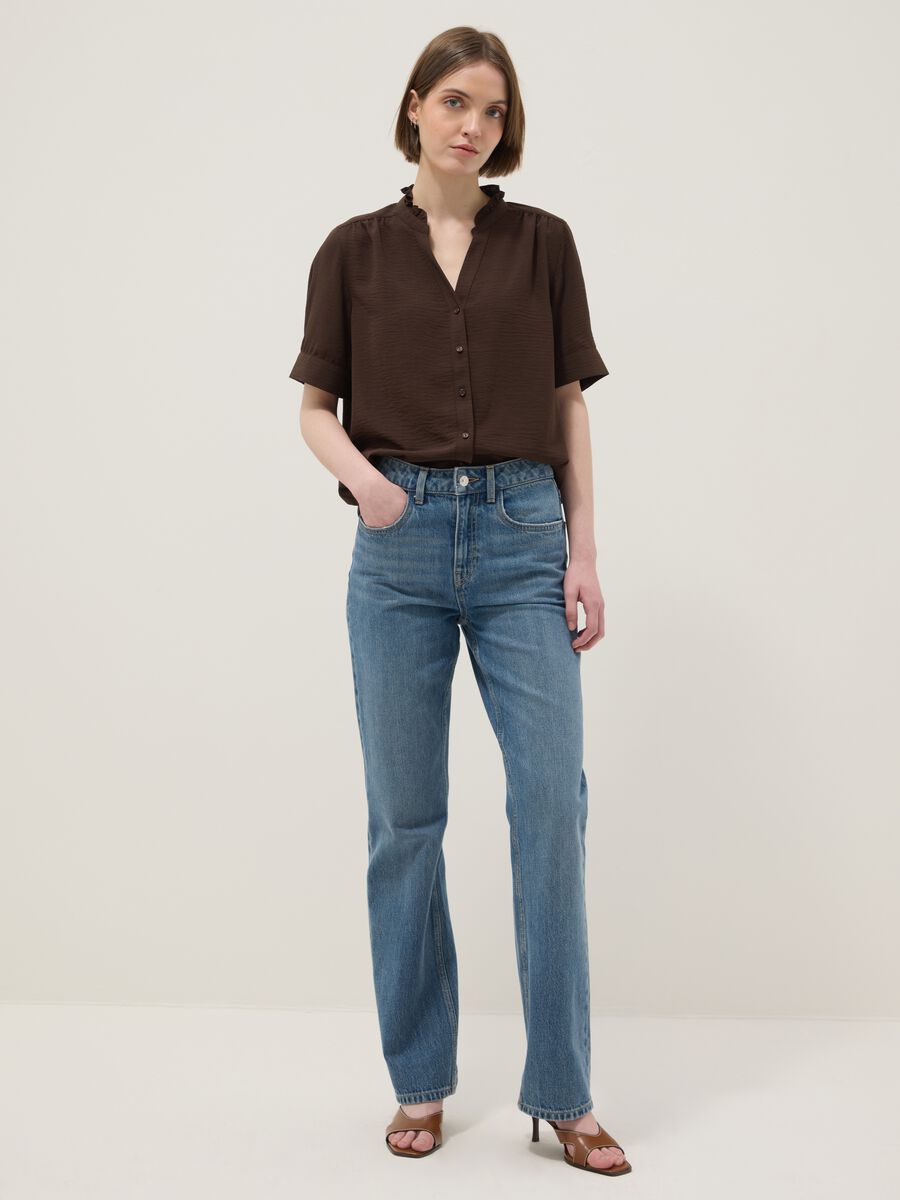 Camicia a maniche corte in puro cotone marrone regular fit_1