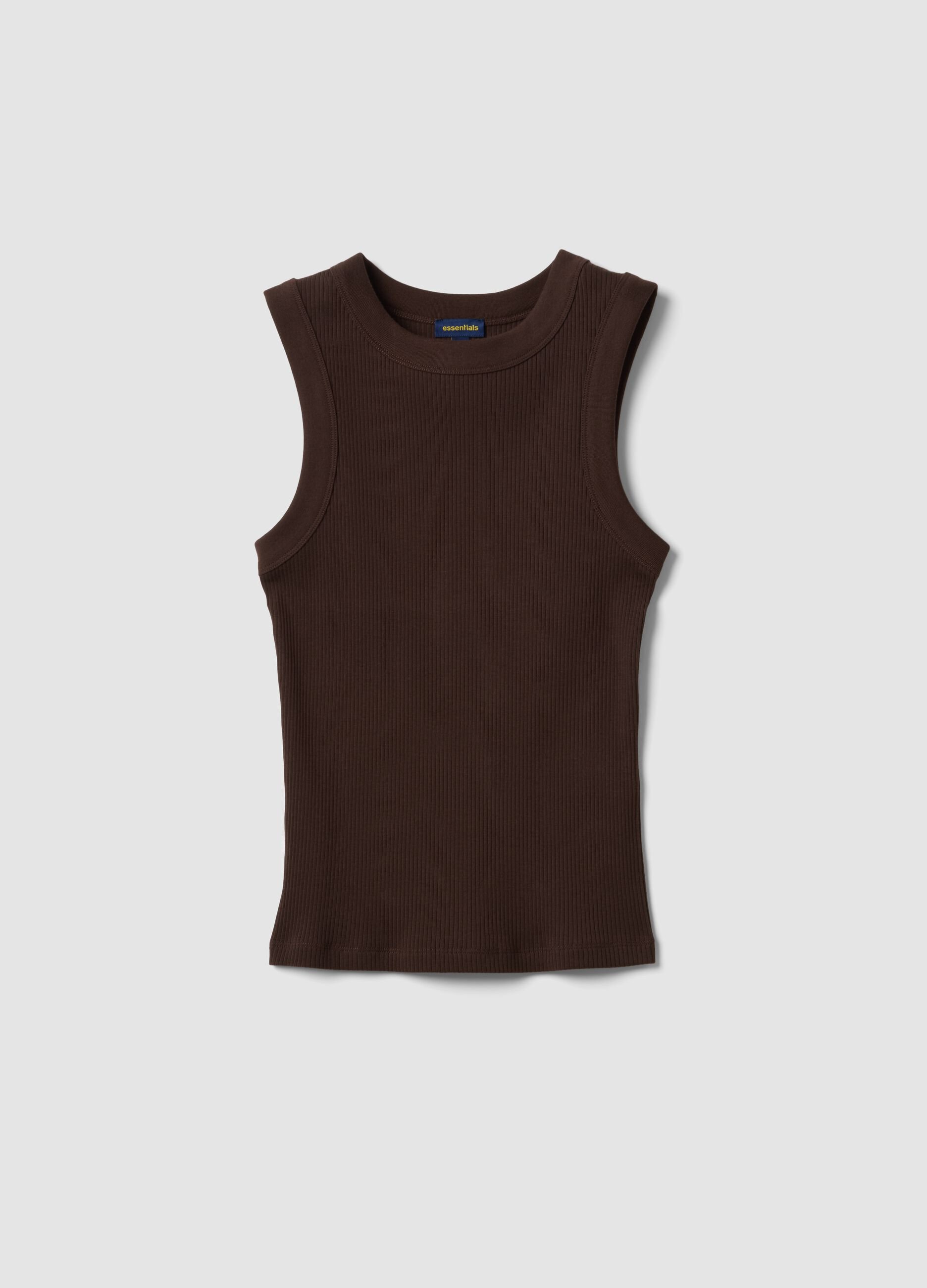 Tank top marrone in cotone elasticizzato a costine fitted