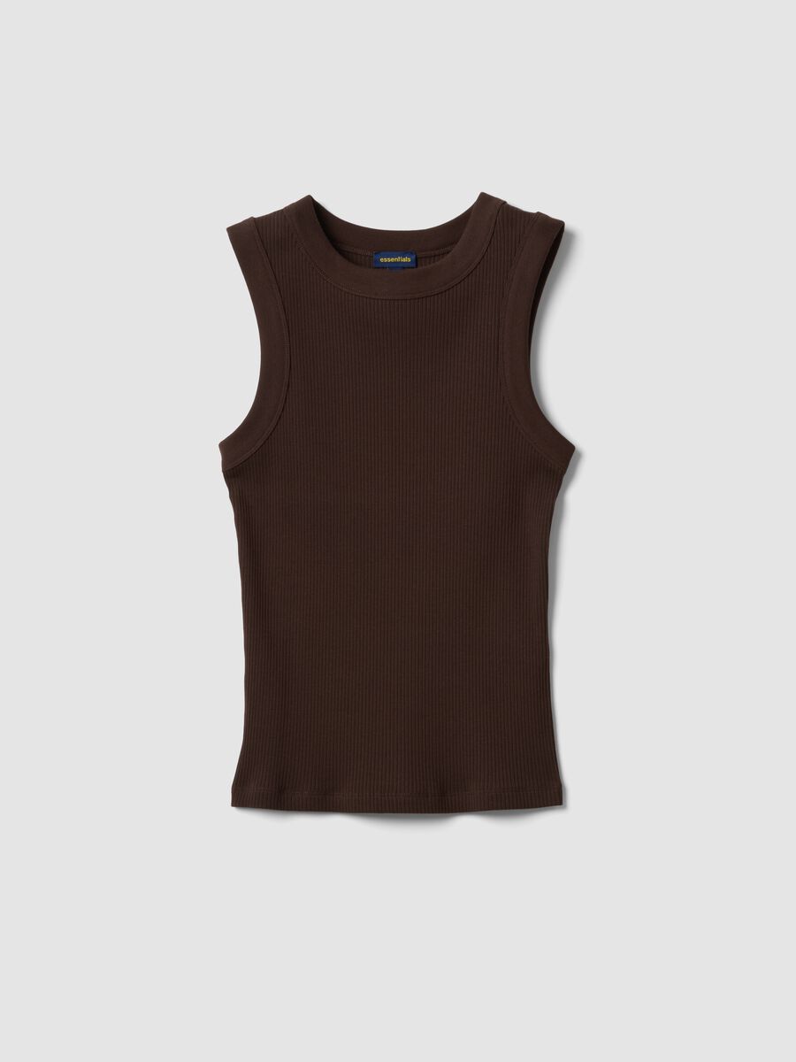Brown fitted ribbed stretch-cotton tank top_0