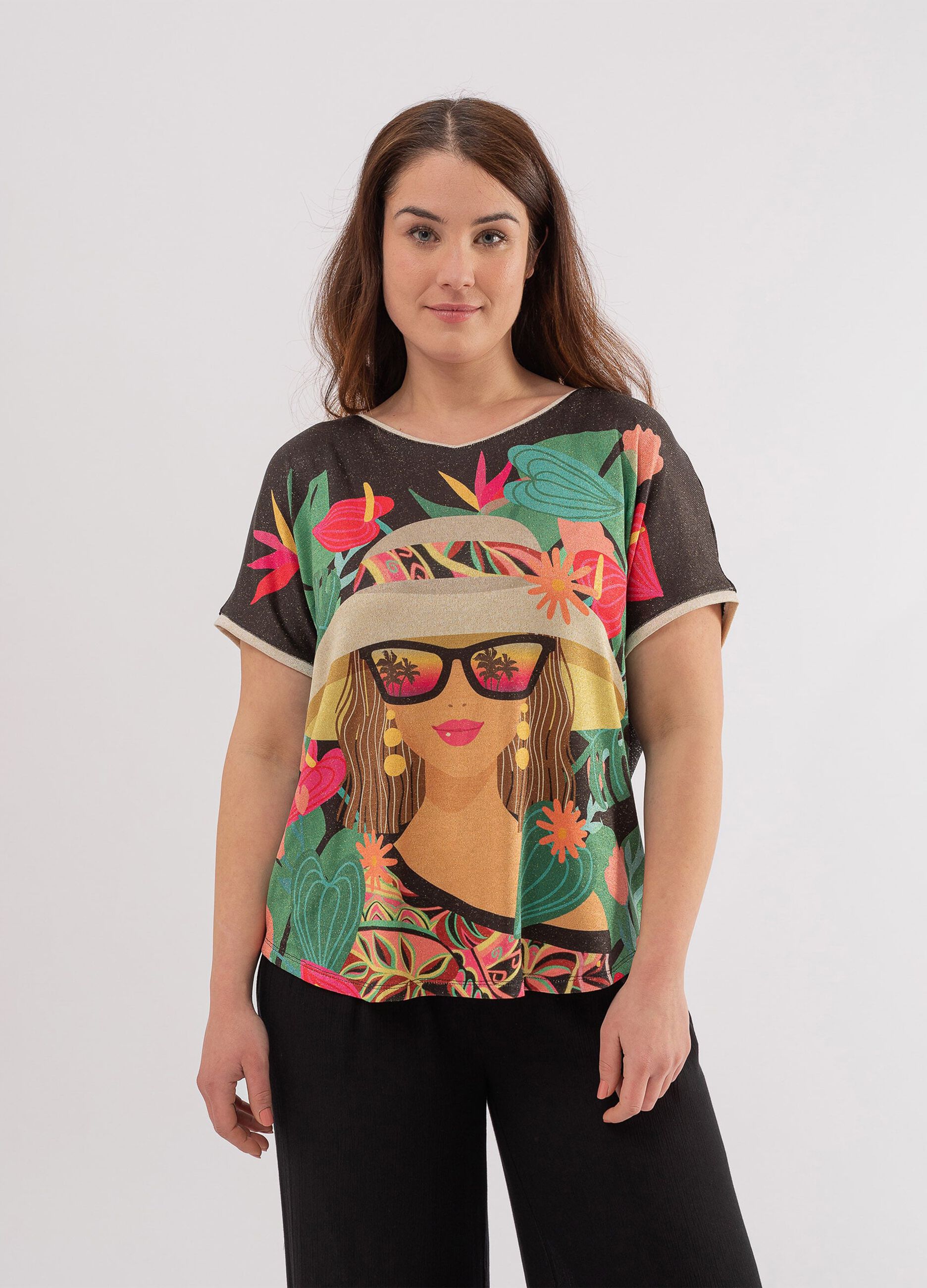 T-shirt in lurex con stampa volto femminile Curvy_1