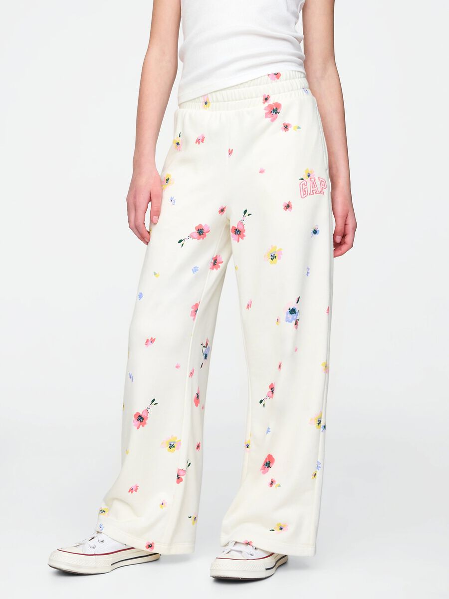 White wide-leg joggers with flowers print_1