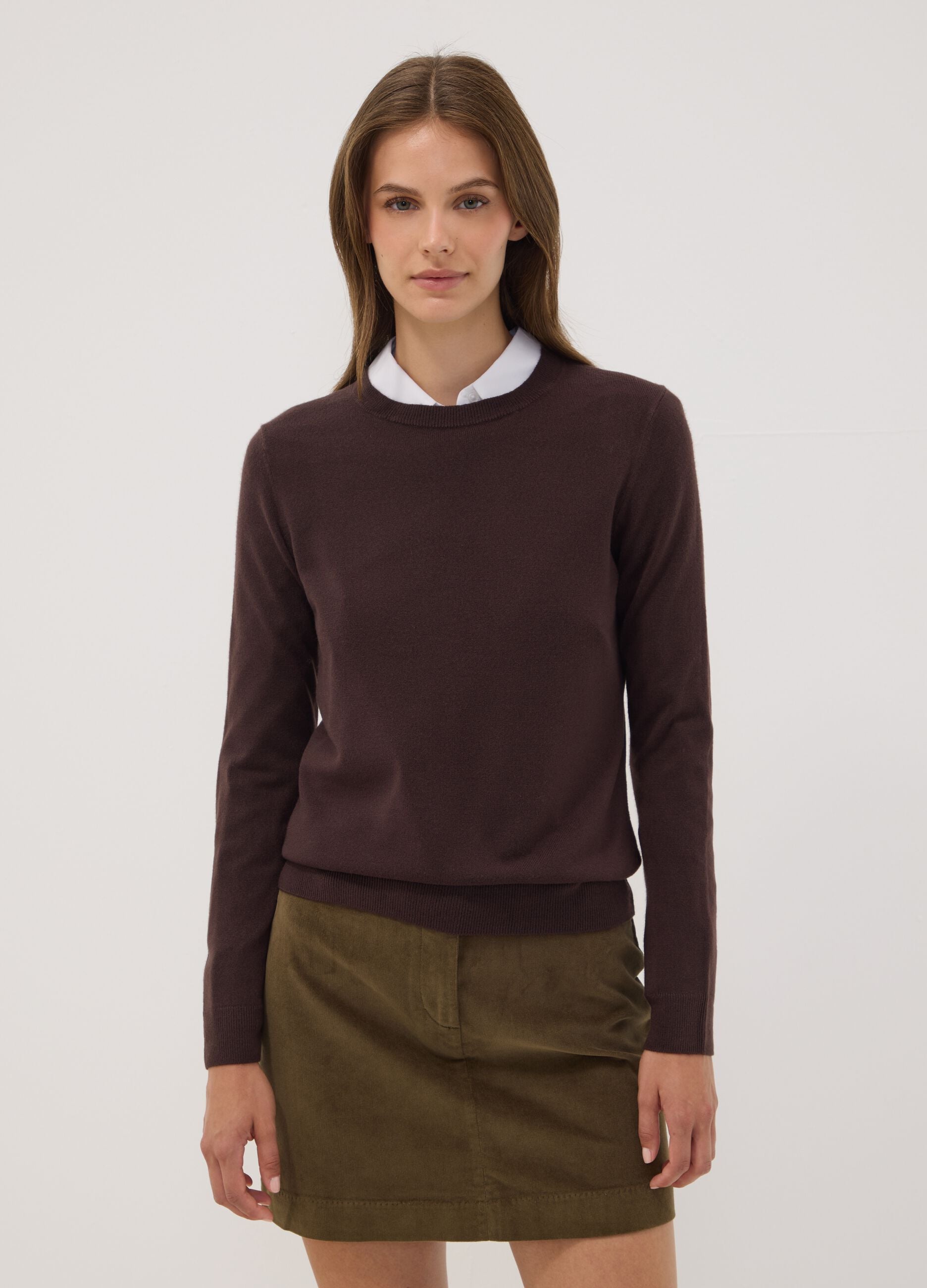 Brown crew-neck long-sleeve regular-fit top