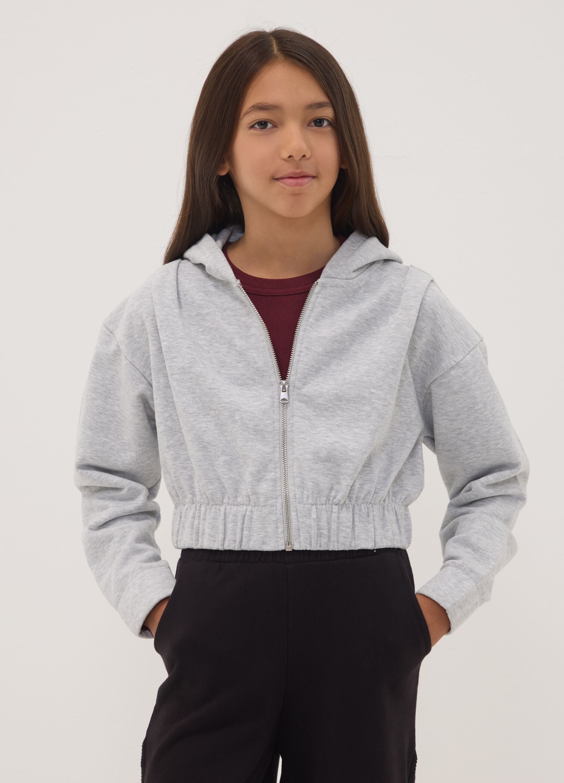 Girls&rsquo; cropped grey cotton-blend hoodie