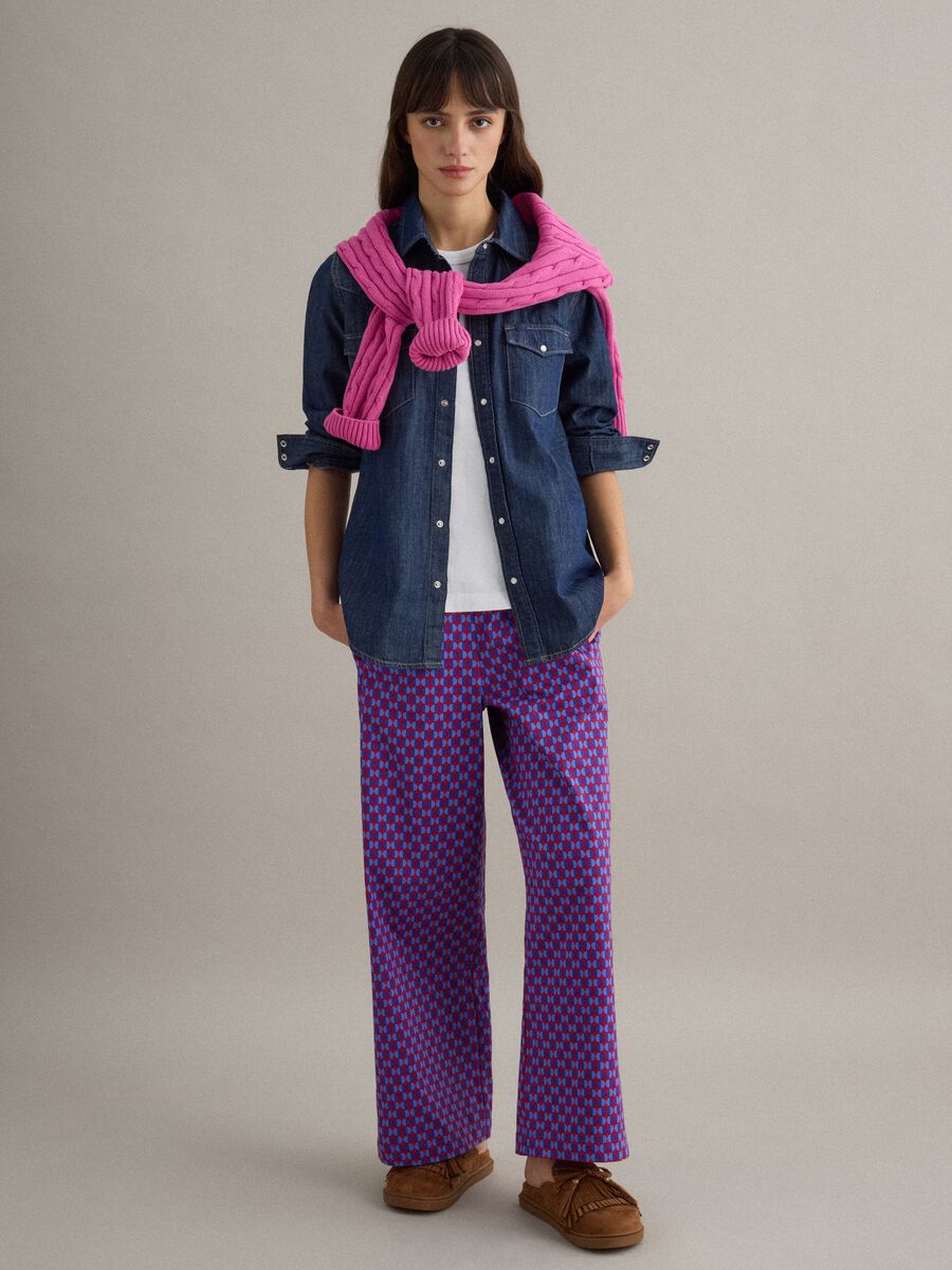 Multicoloured regular fit stretch cotton trousers with print_0
