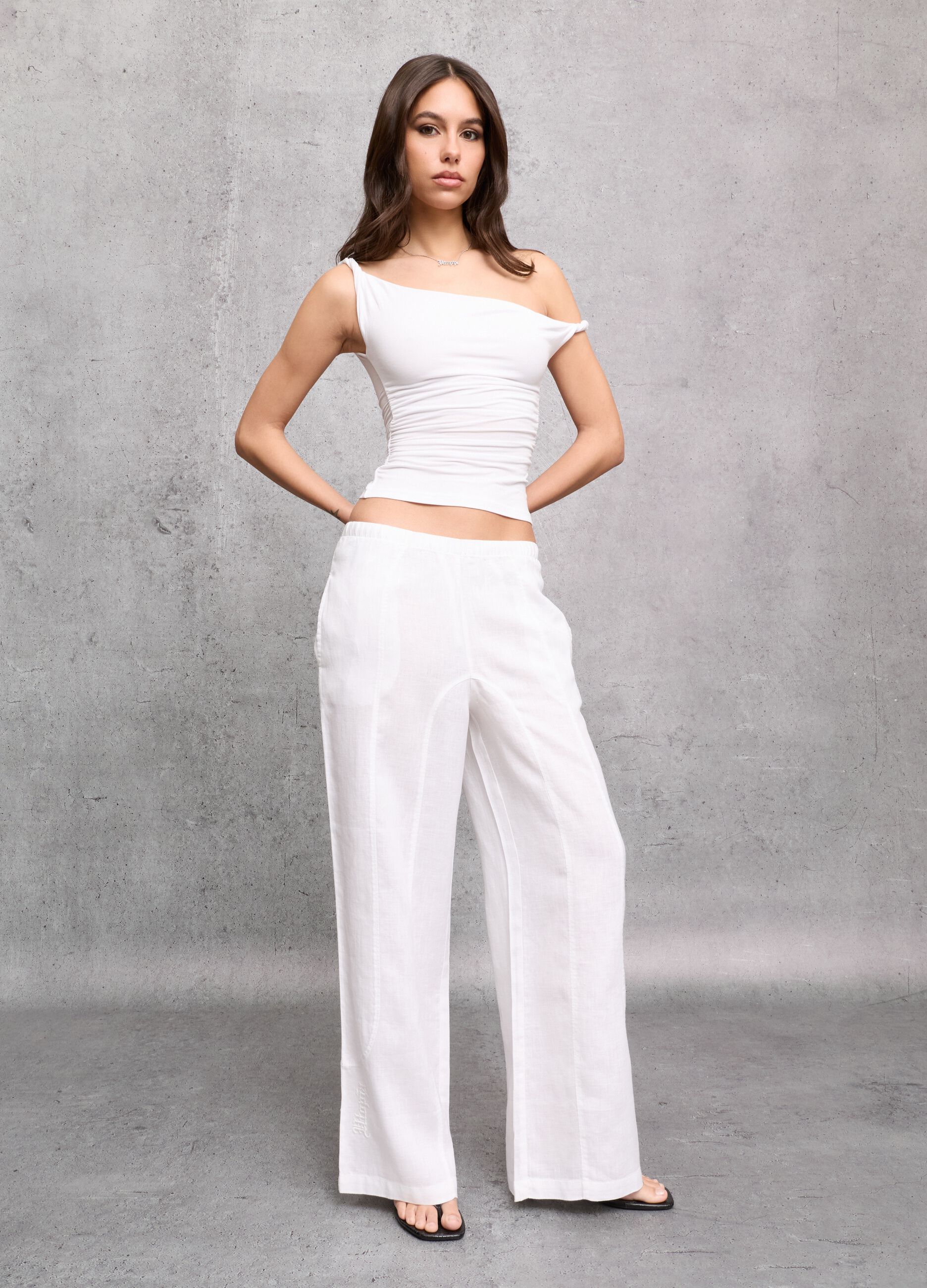 100% Linen Wide-Leg Trousers White