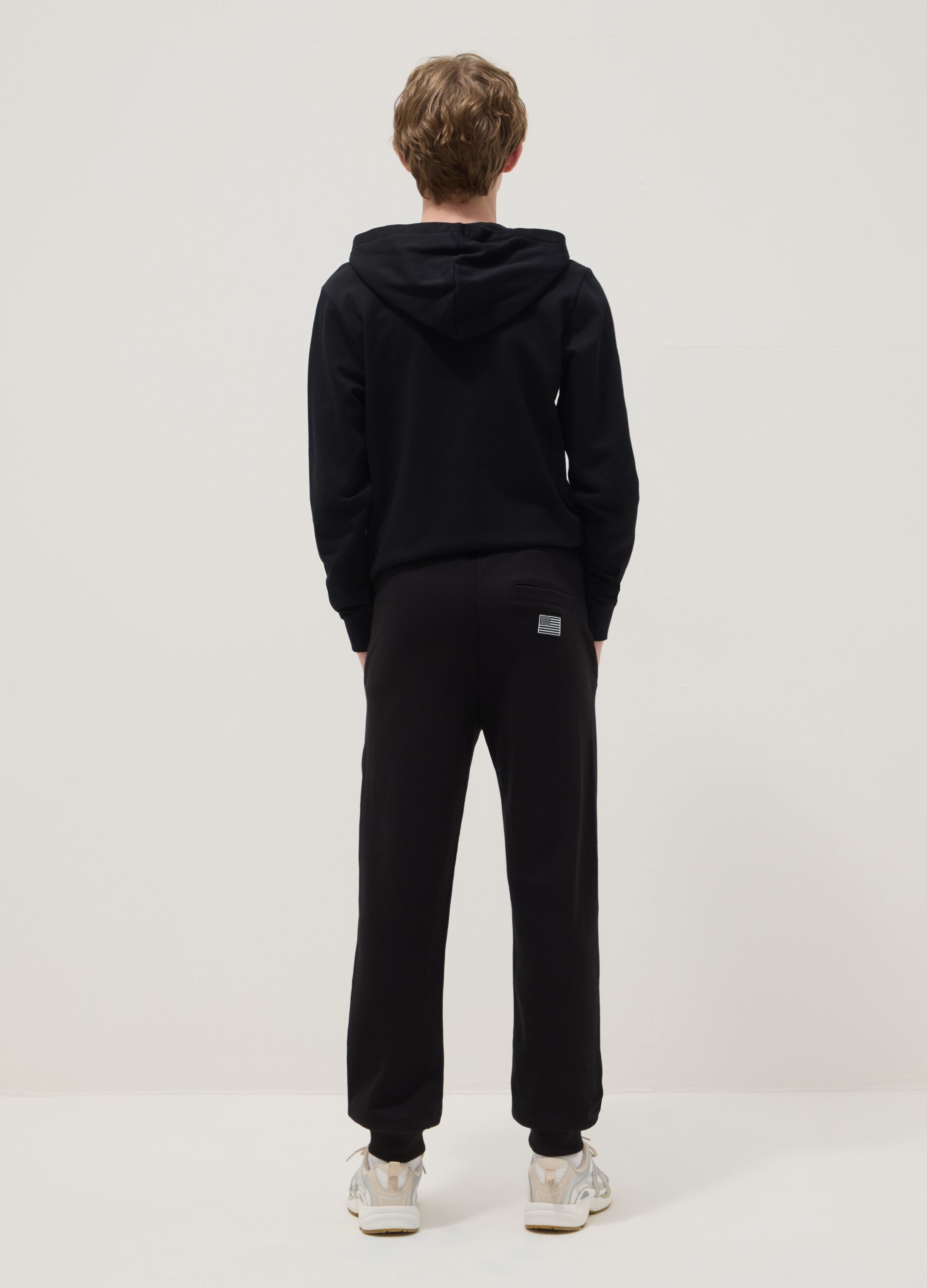 Boys' regular fit black cotton blend trousers with NASA patch