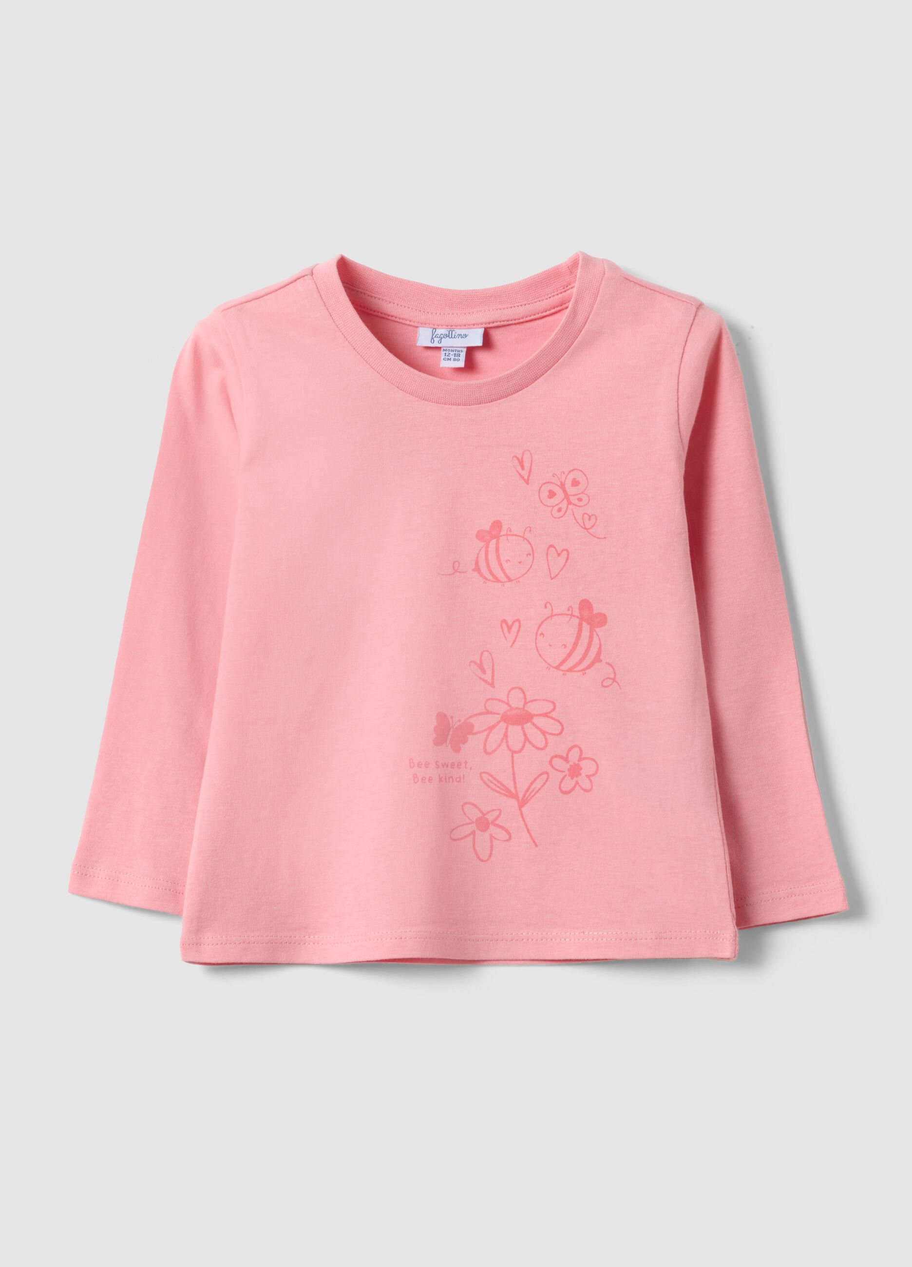 Pink long-sleeved pure cotton T-shirt with regular fit print