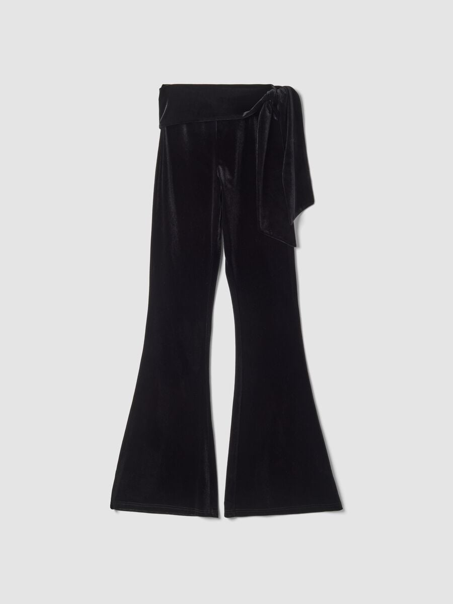 Pantaloni velour neri flare in tessuto elasticizzato con fiocco_0