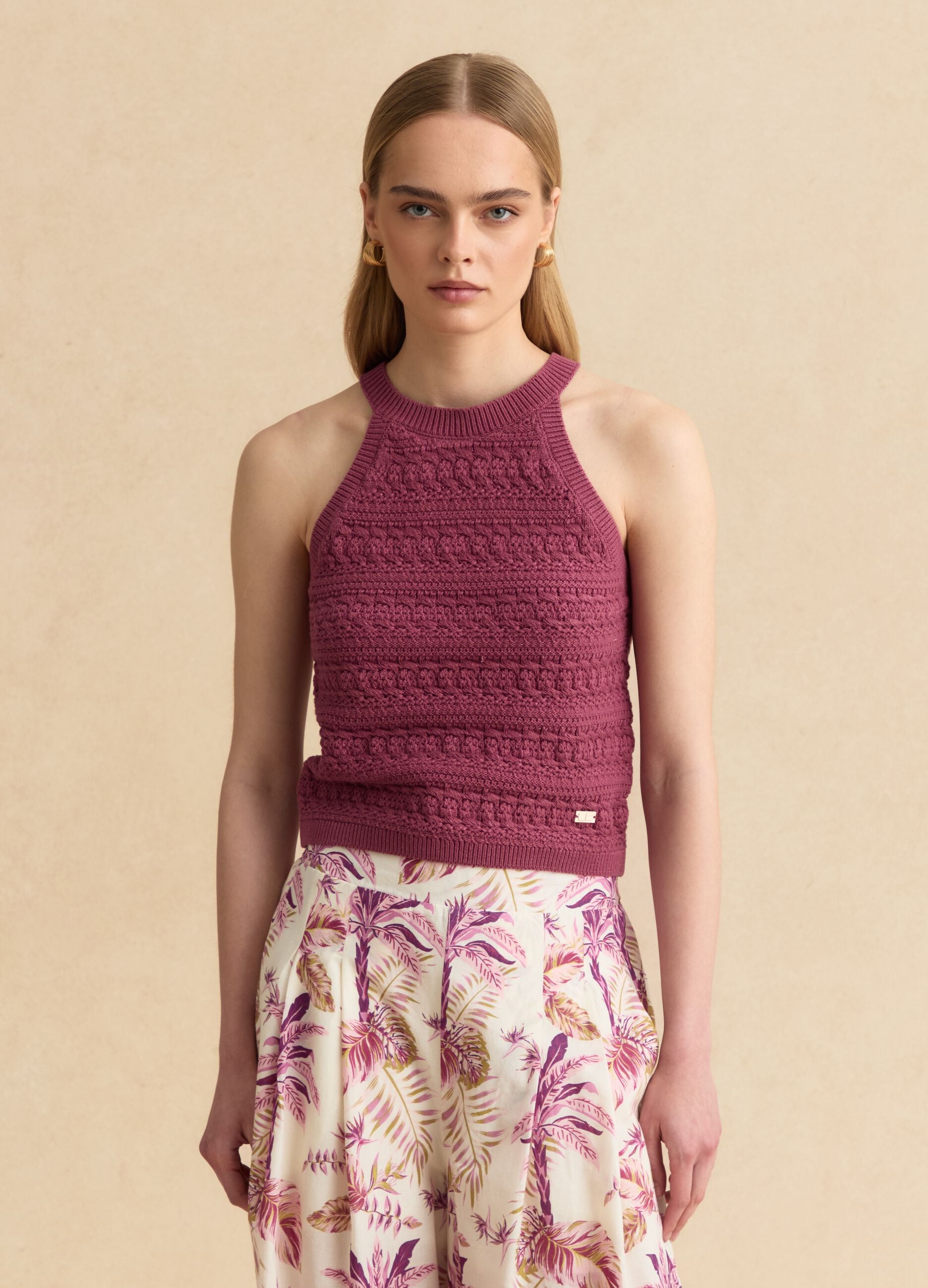 Purple knitted cotton-blend tank top
