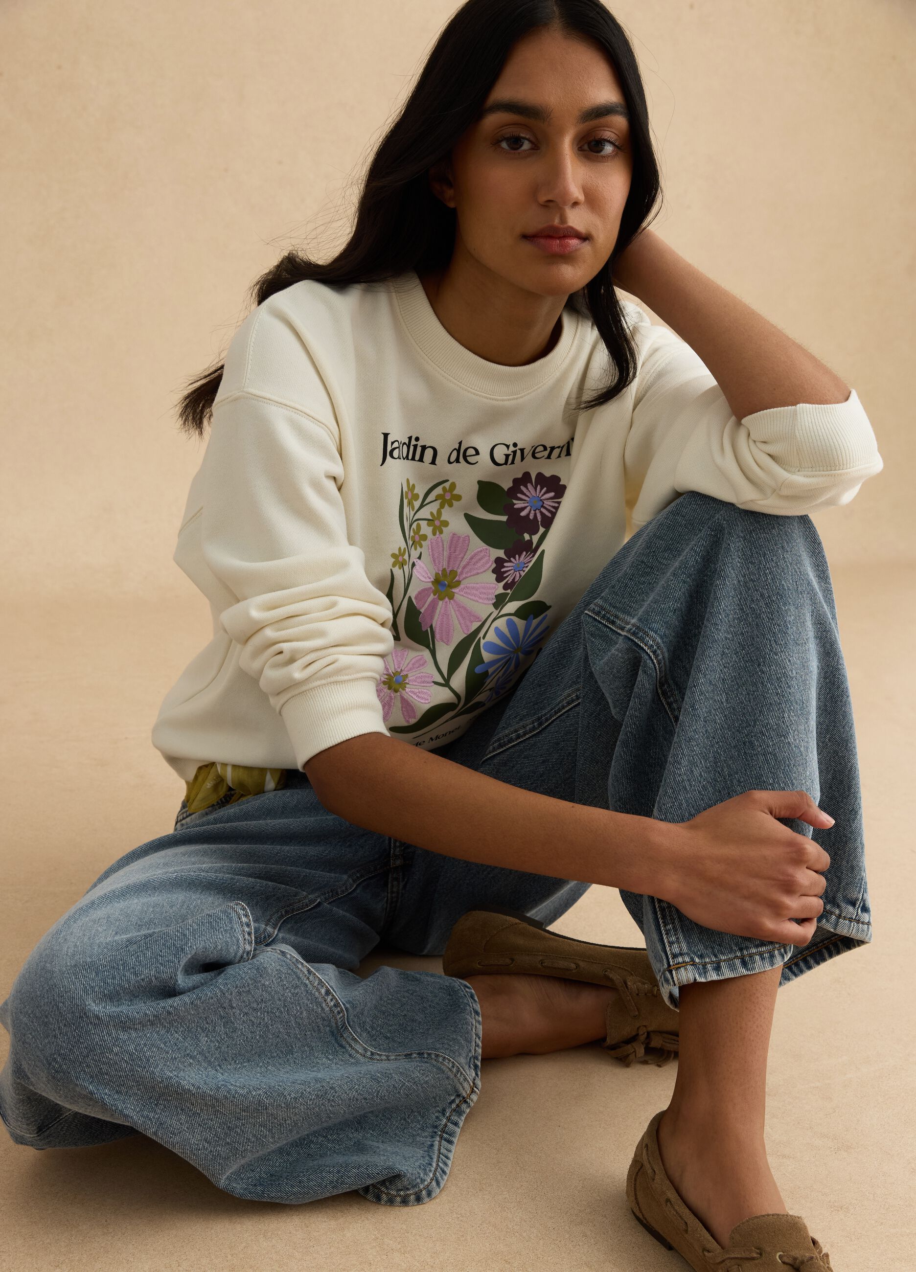 Beige regular fit cotton blend sweatshirt with print