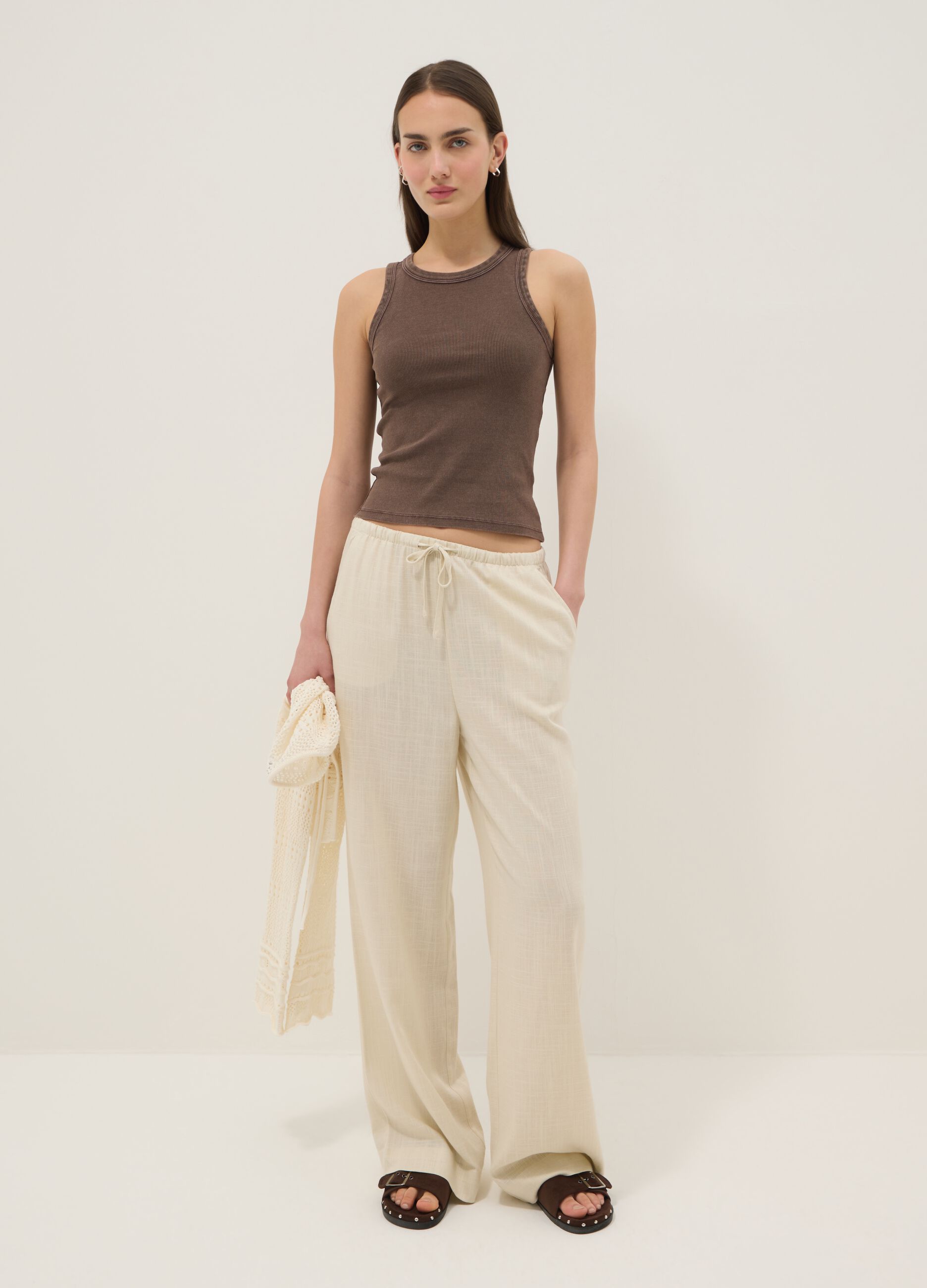 Brown ribbed stretch cotton fitted tank top