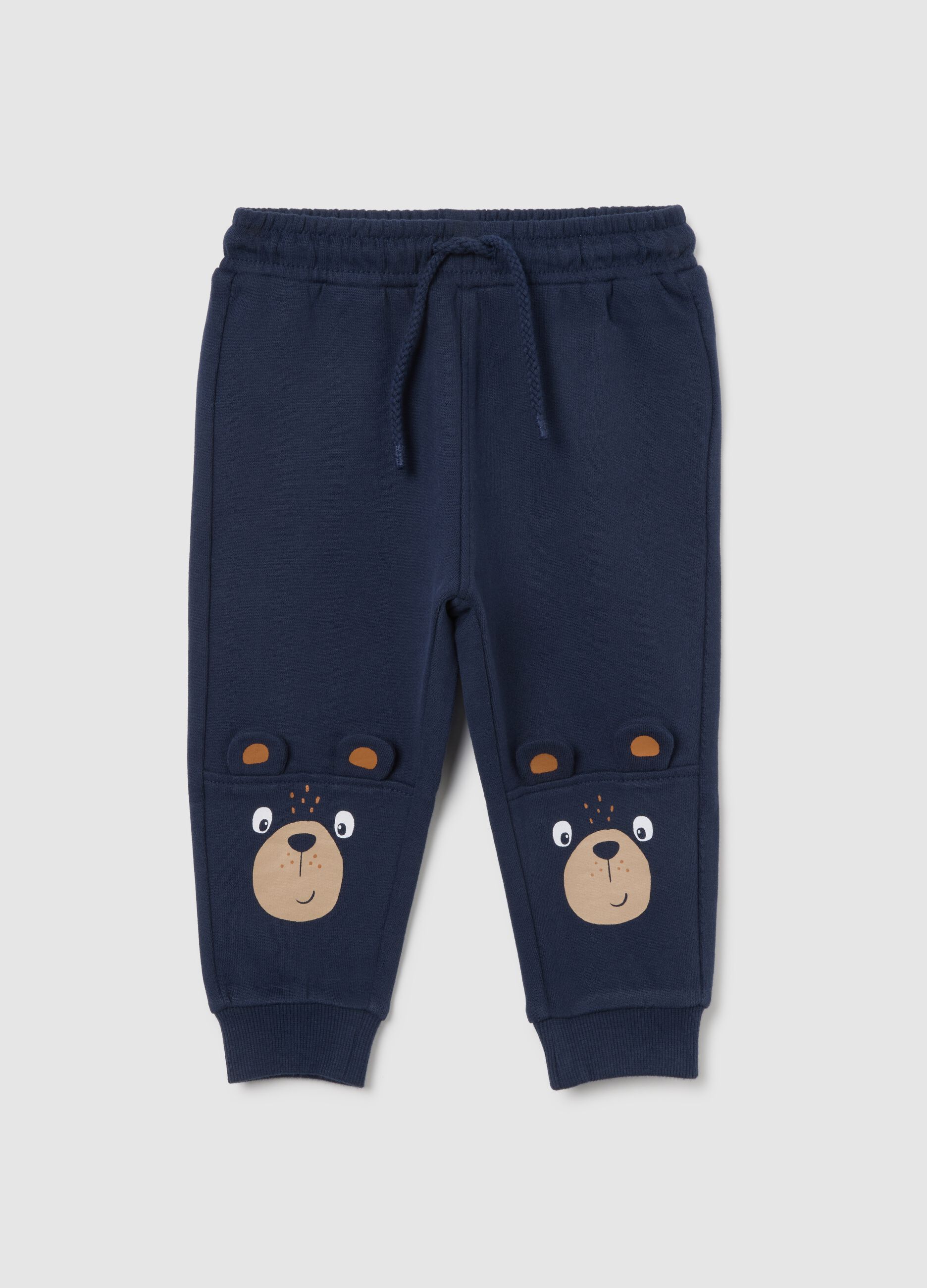 Kids' Joggers in Pure Blue Cotton Regular Fit with Teddy Bear