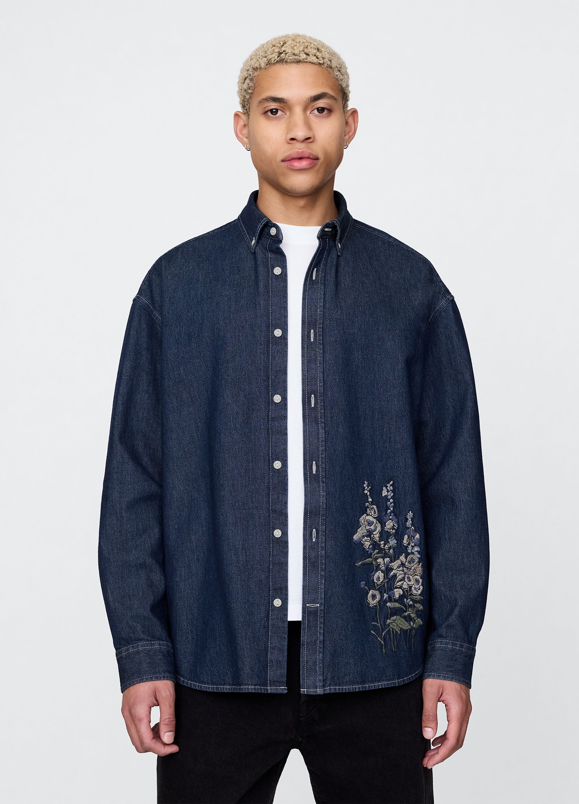 Embroidered Denim Shirt with Flowers