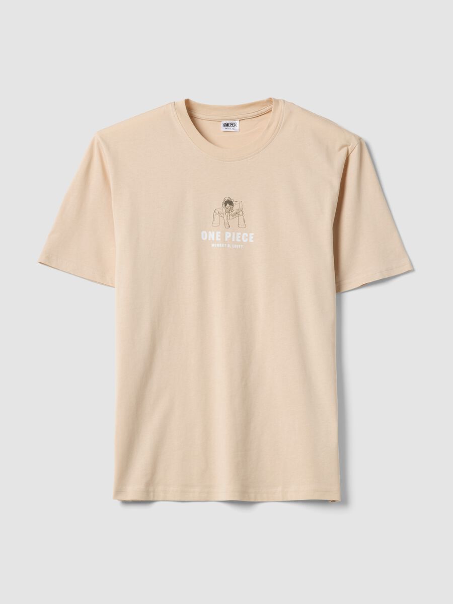 T-shirt beige con stampa One Piece in puro cotone relaxed fit_0