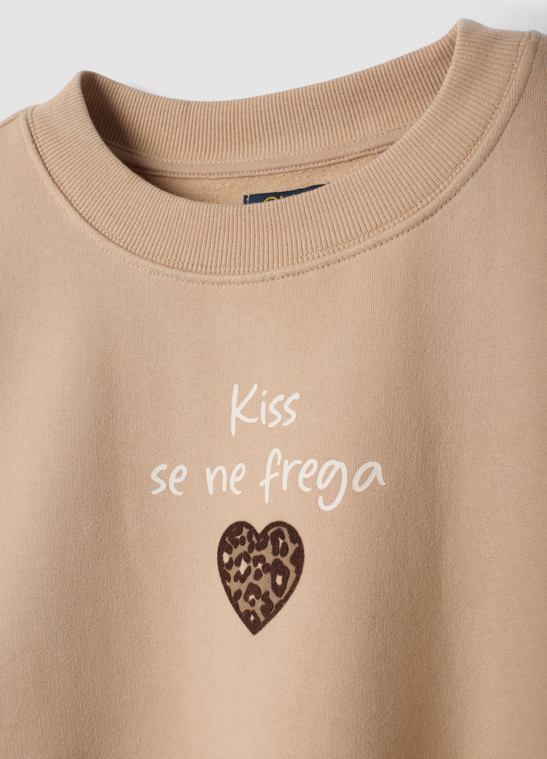 Beige sweatshirt in pure organic cotton with ribbed neckline