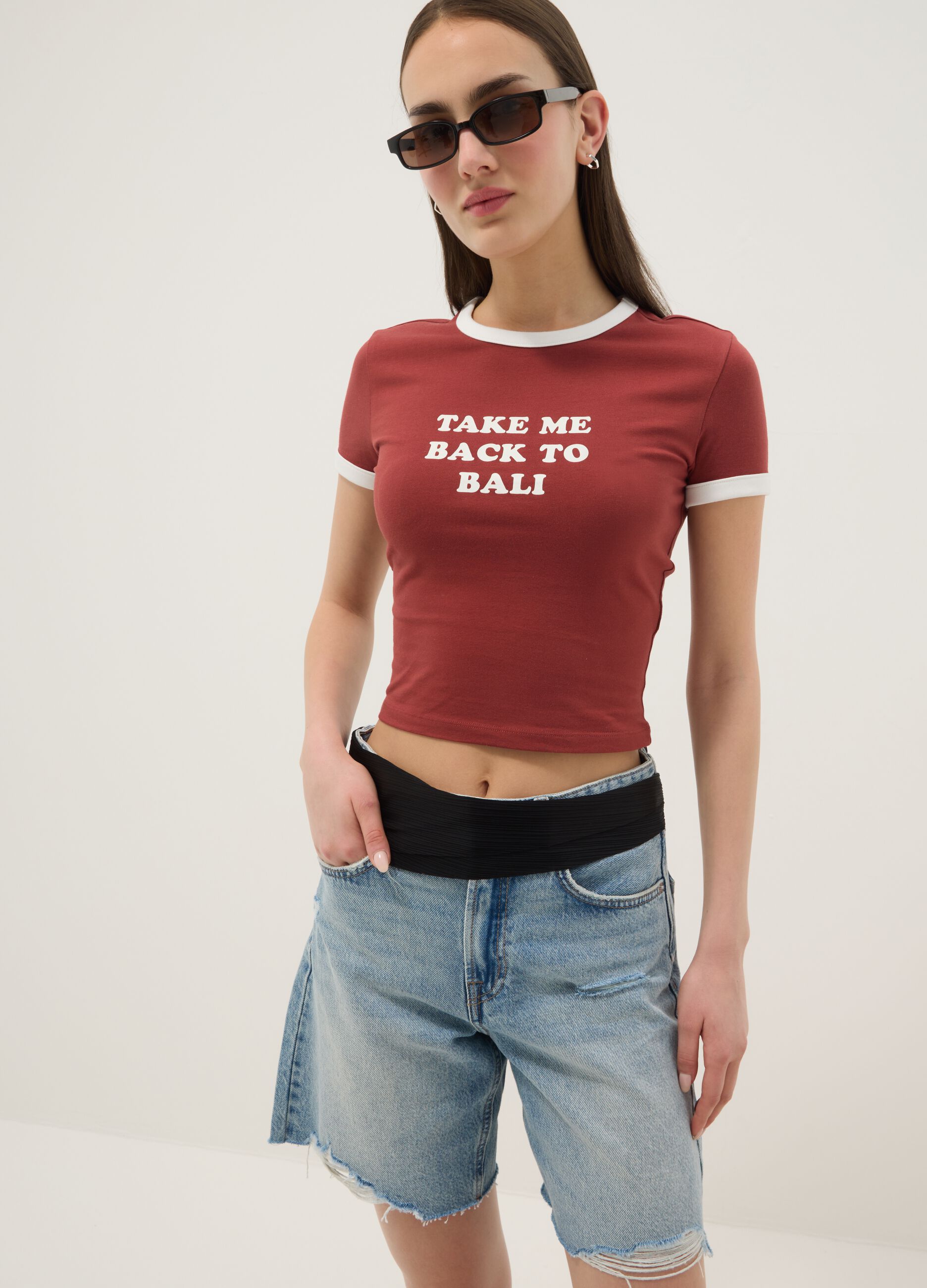 Red regular-fit stretch cotton T-shirt with print