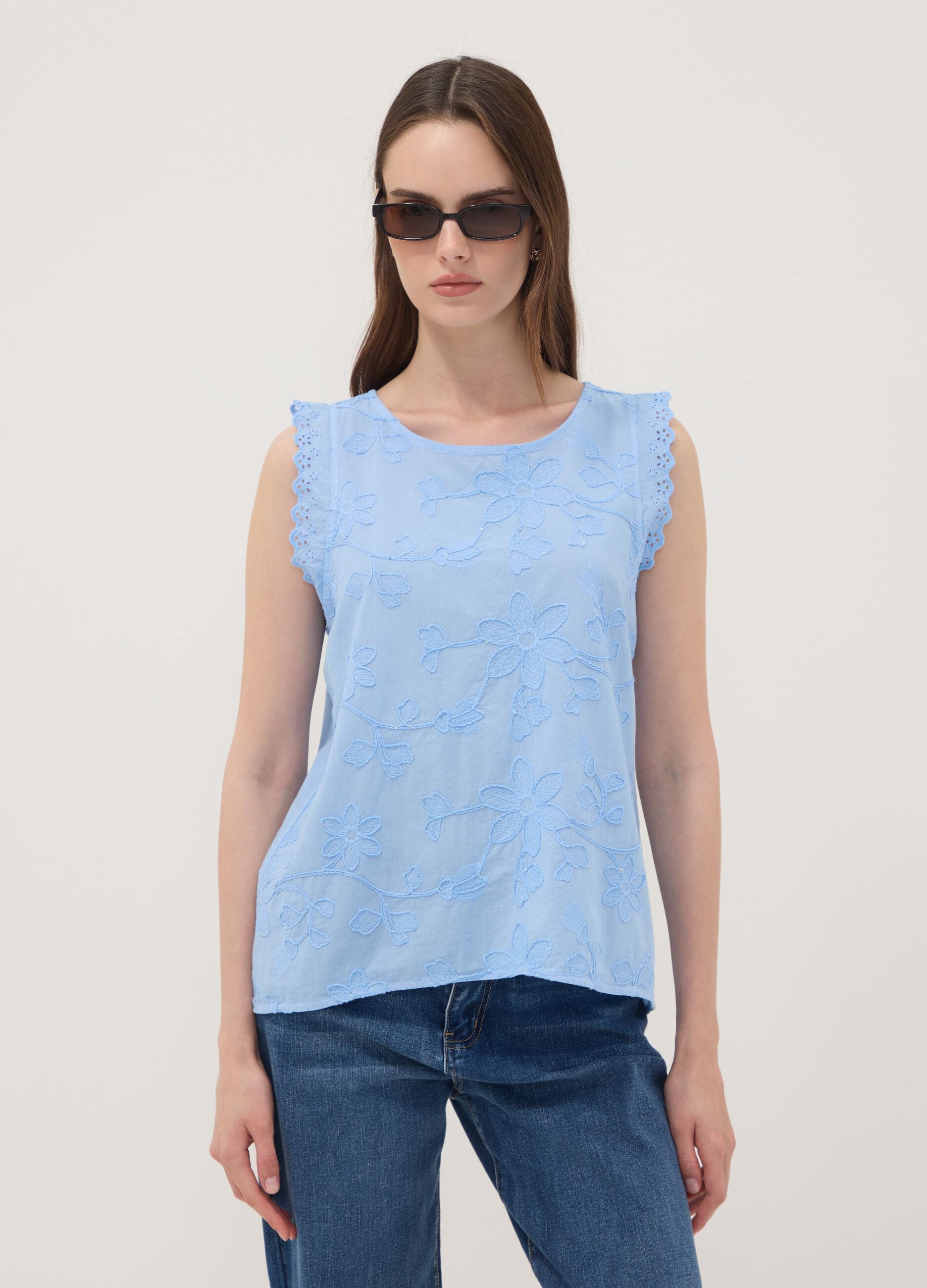 Sky-Blue Pure Cotton Blouse with Floral Embroidery, Regular Fit
