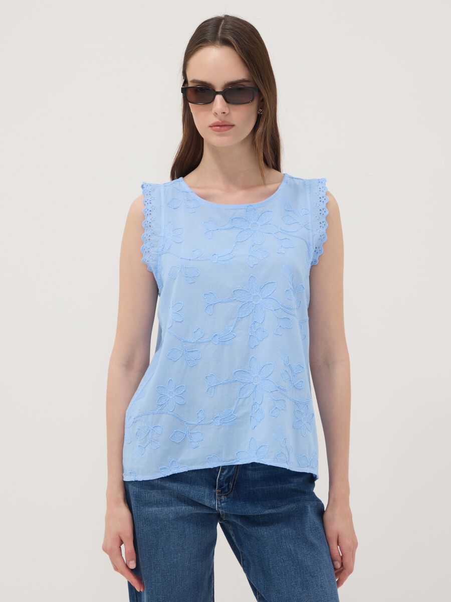 Sky-Blue Pure Cotton Blouse with Floral Embroidery, Regular Fit_1