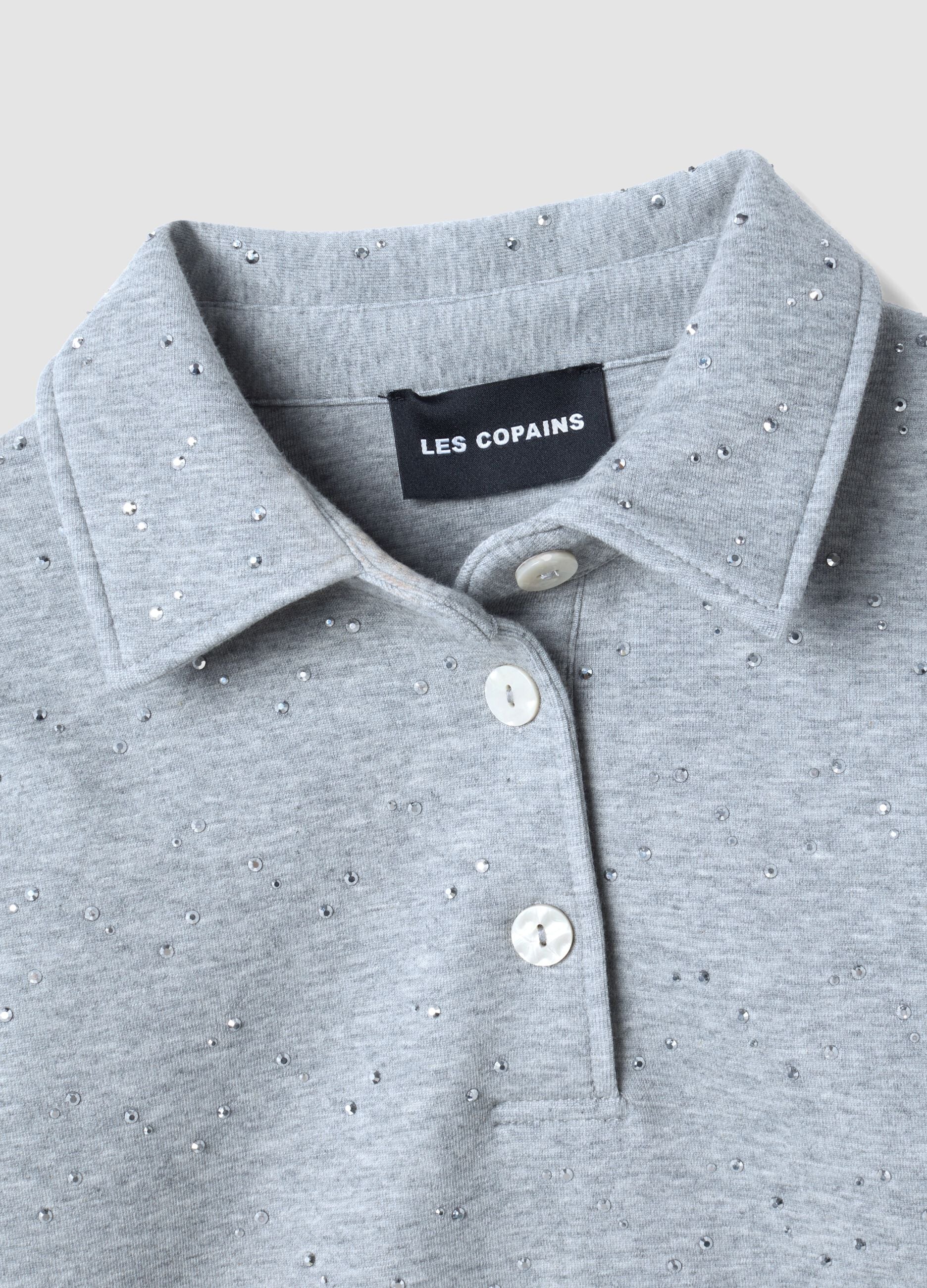 Grey cotton-blend polo with all-over rhinestones, regular fit