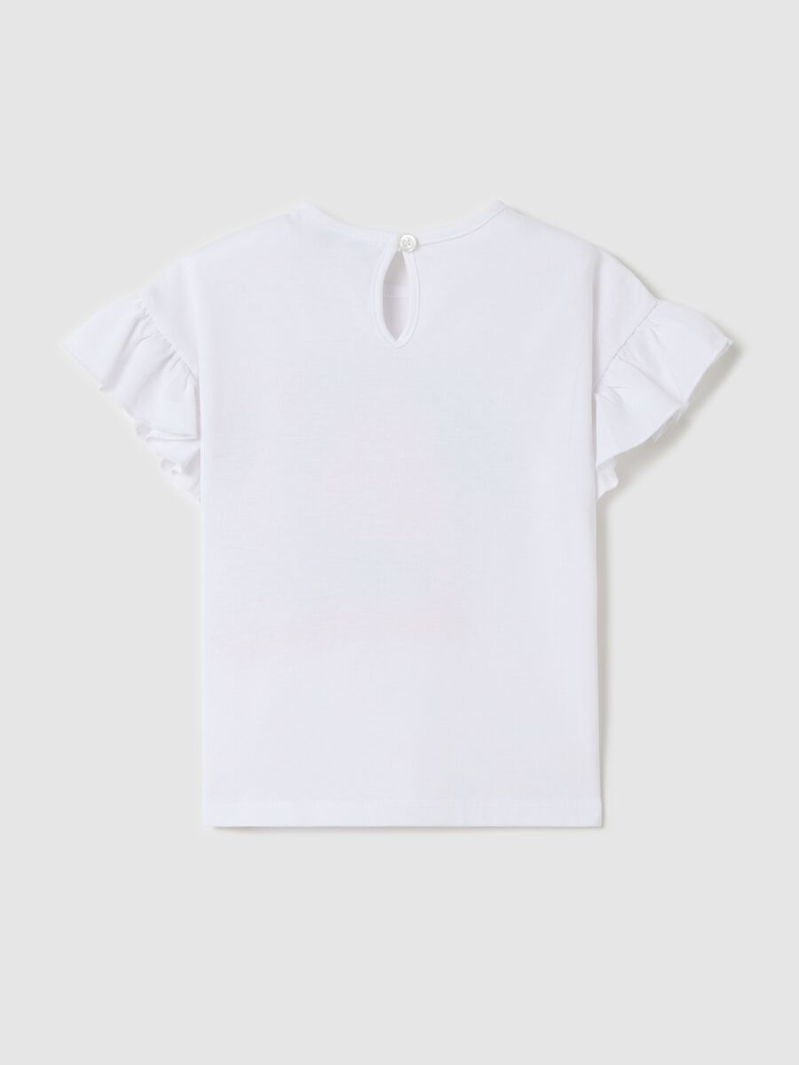 White cotton T-shirt with frills and print_1