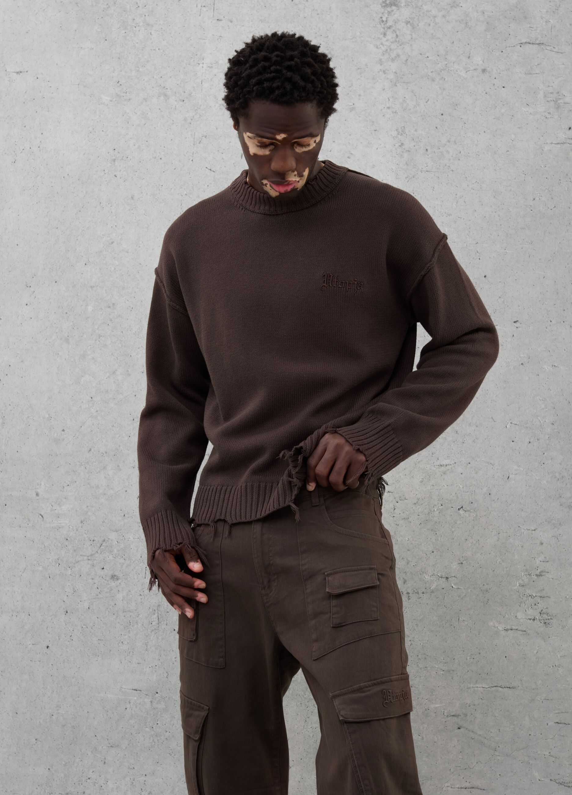 Crewneck Distressed Pullover Chocolate Brown
