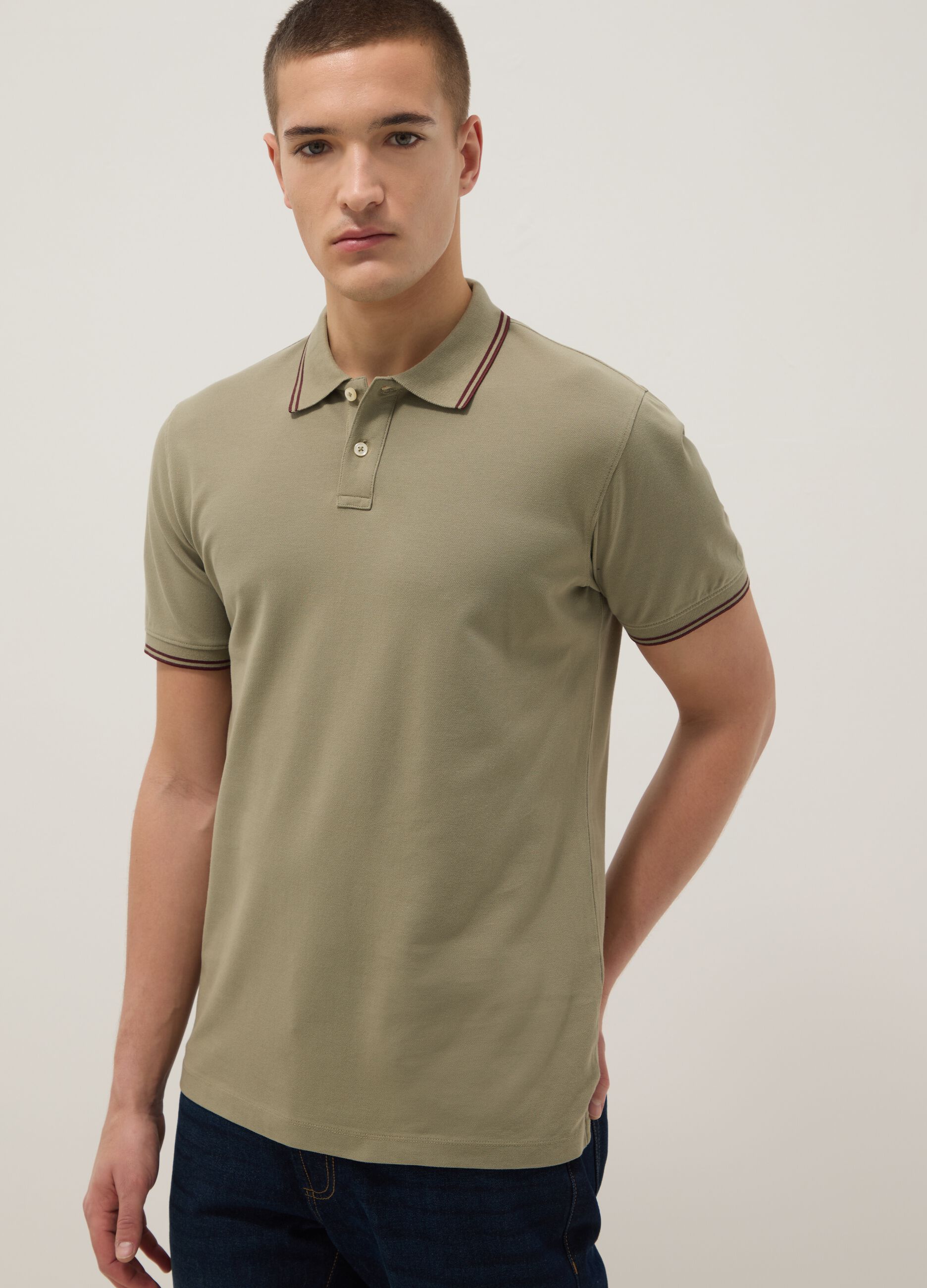 Green stretch cotton polo shirt, regular fit