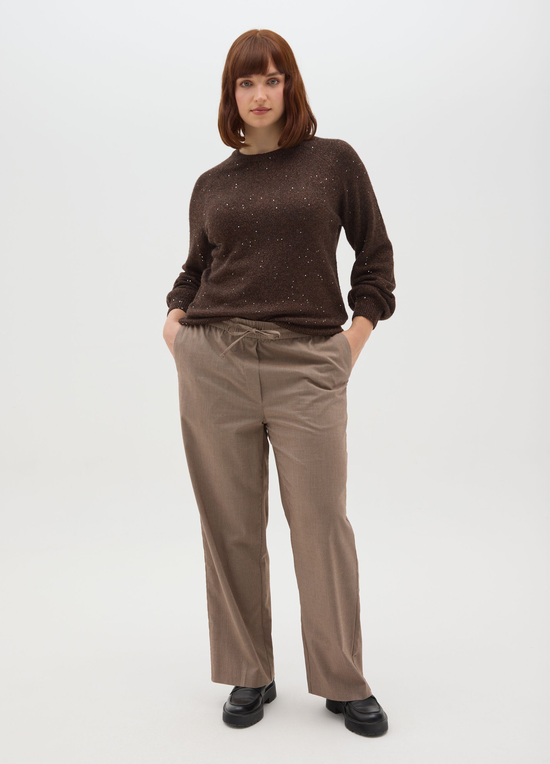 Brown crewneck jumper with lurex effect, over fit