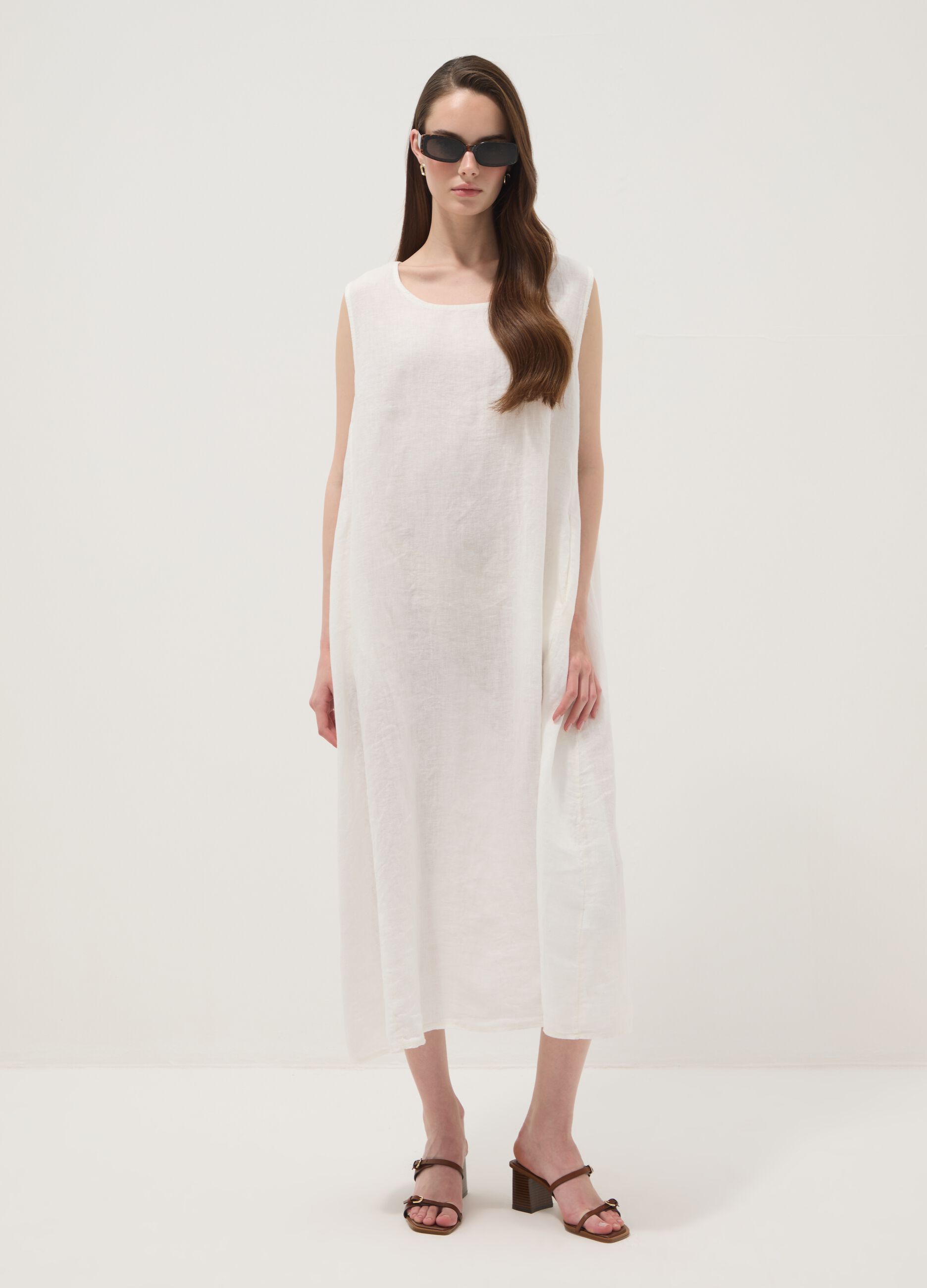 Long white pure linen dress, regular fit