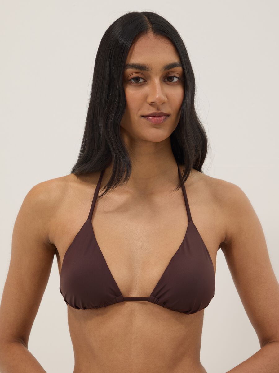 Brown triangle bikini top in stretch fabric_0