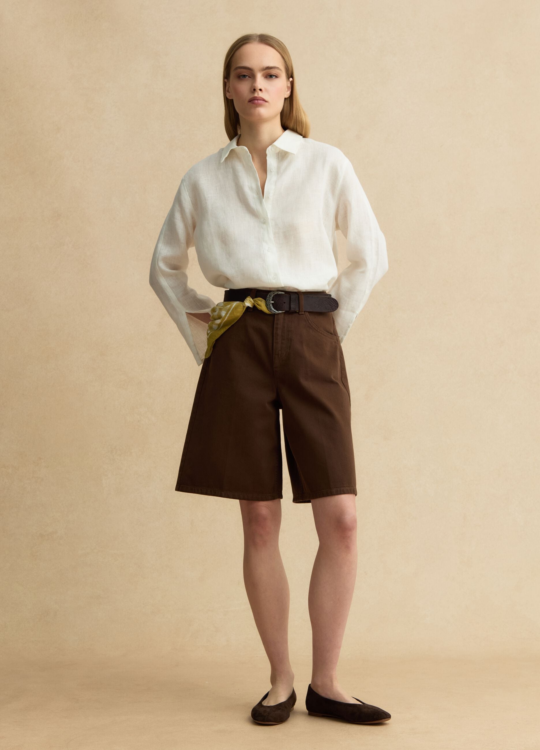 Shorts in puro cotone denim marrone wide leg