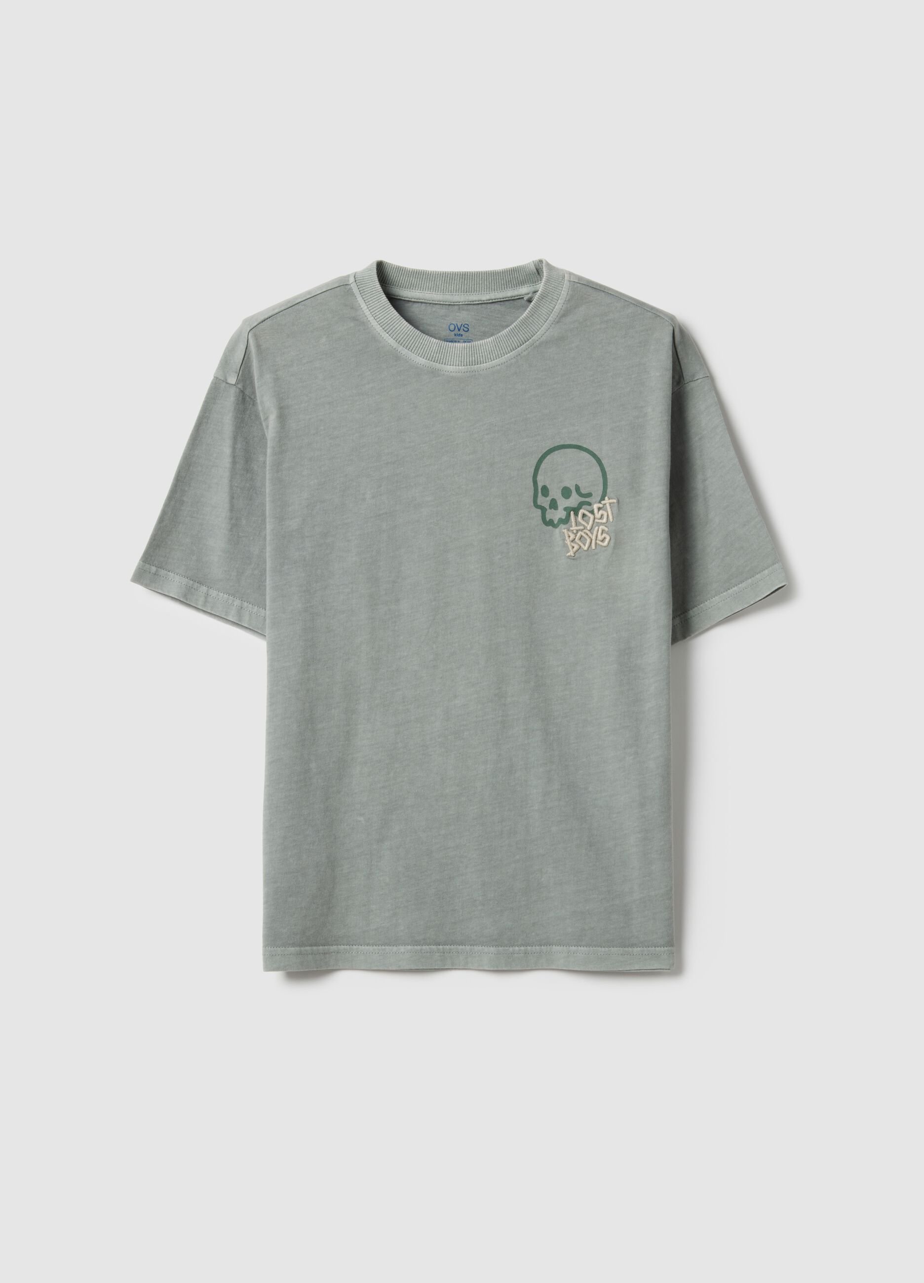 Boys' Green Pure Cotton Oversized Fit T-shirt with Skull