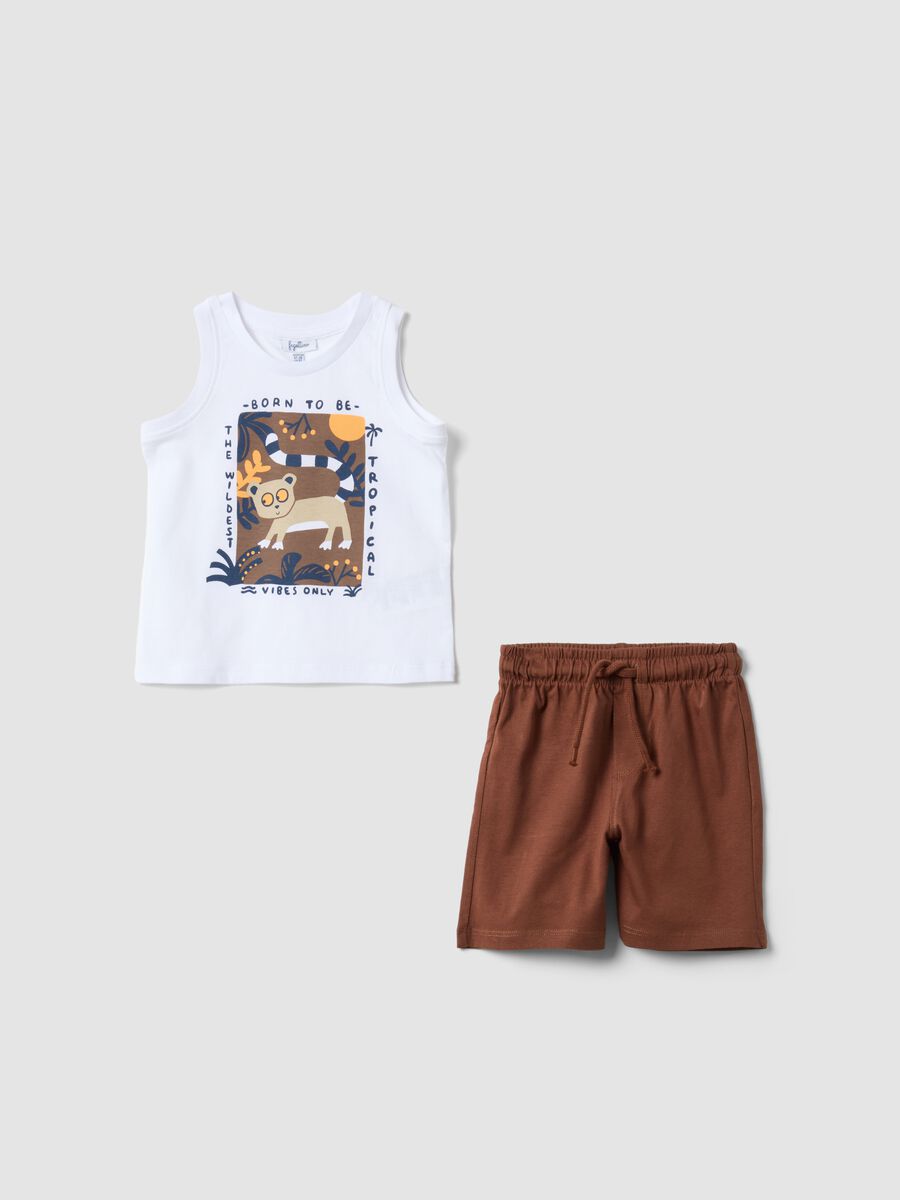 White and brown pure cotton set with top and shorts_0