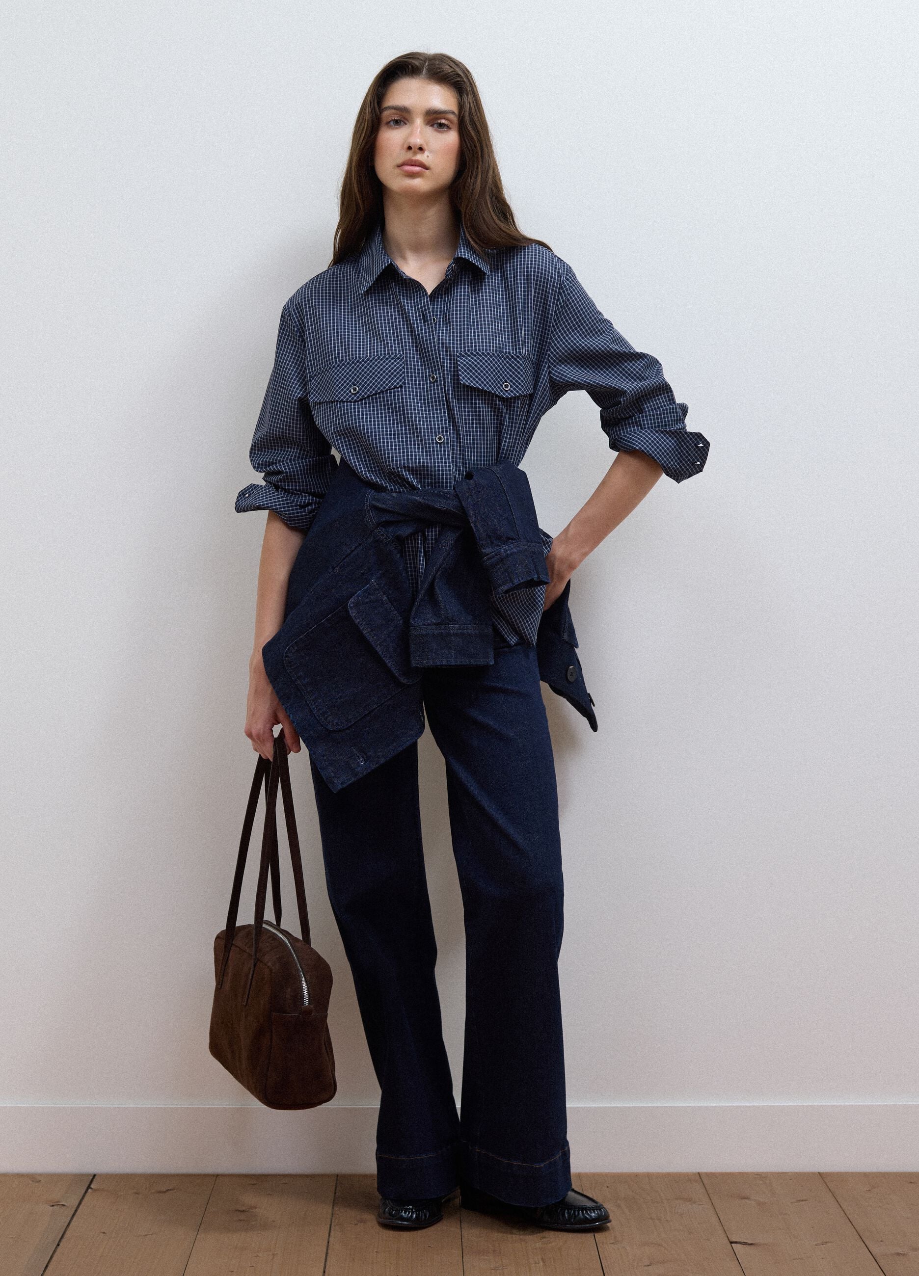 Camicia blu in misto cotone e lyocell a quadretti regular fit