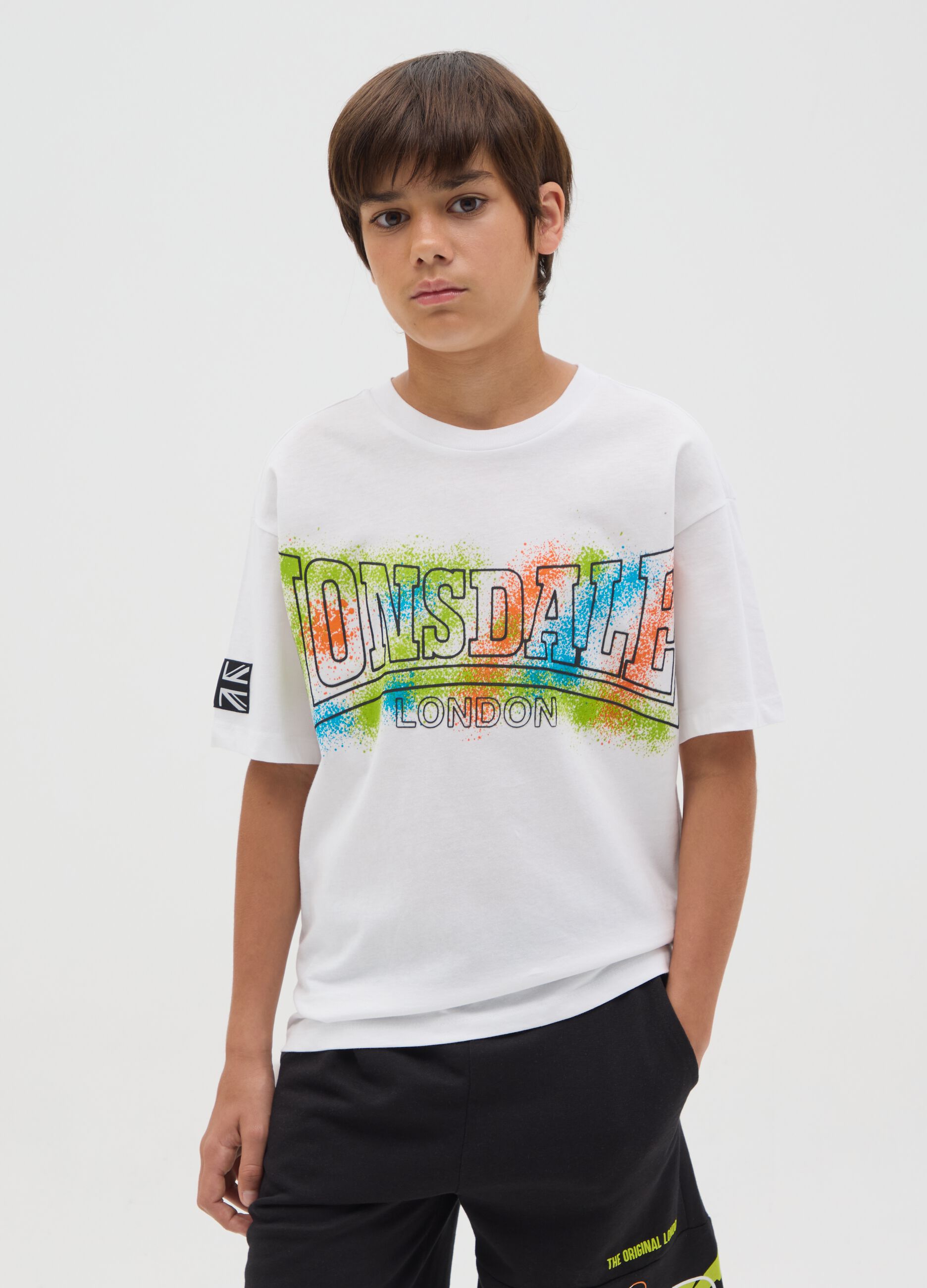 White Lonsdale T-shirt with multicolour print