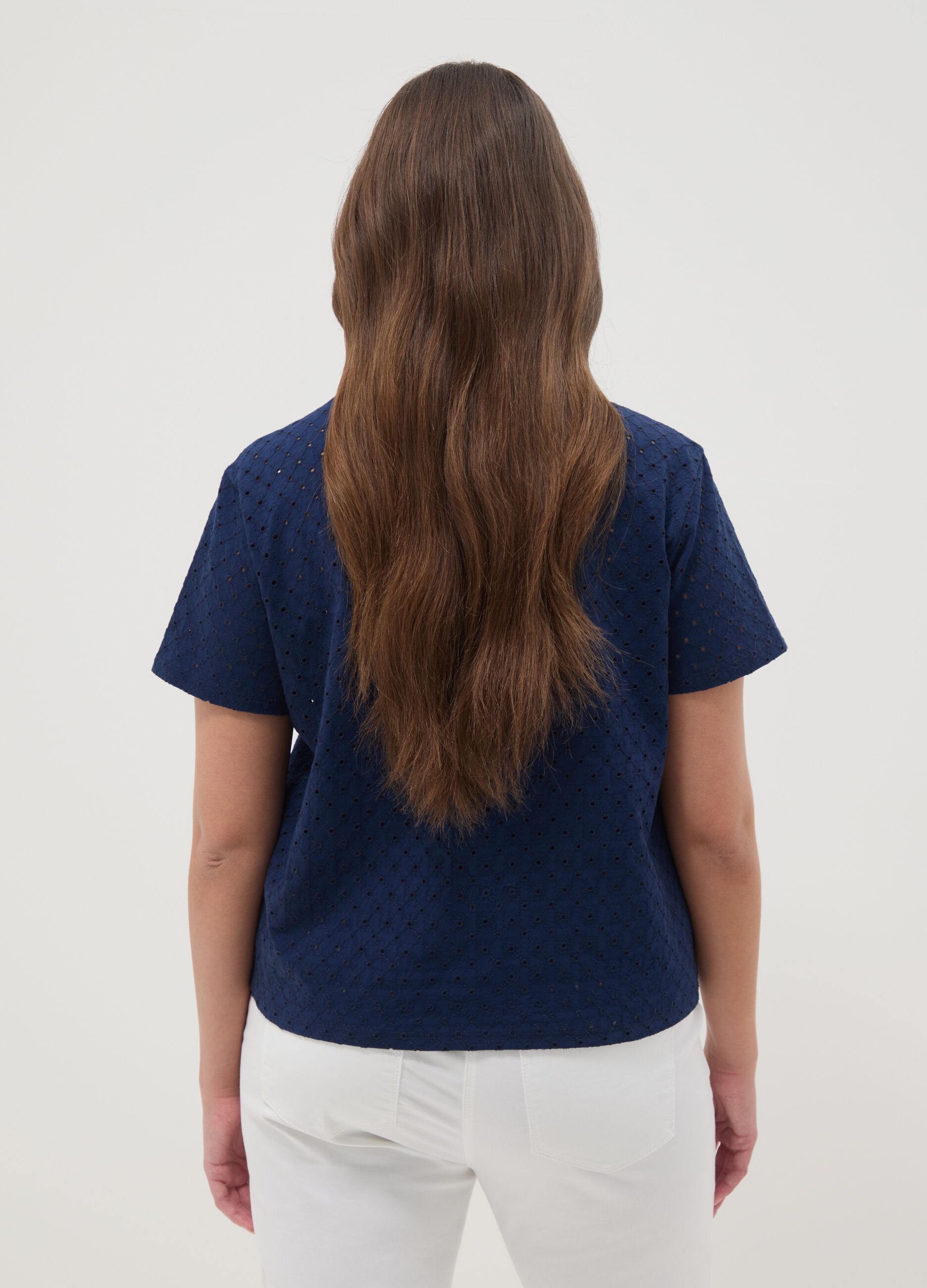 Blue open-knit cotton-blend T-shirt