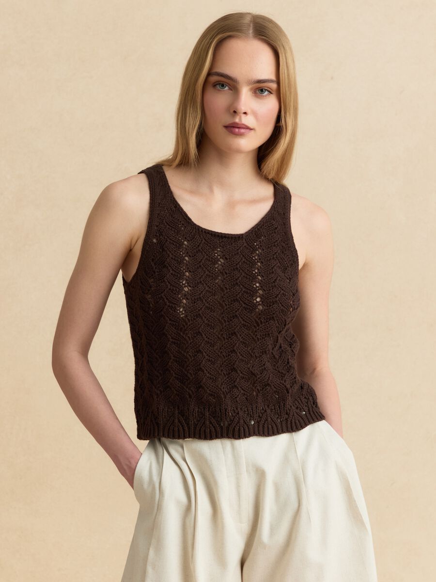 Brown pure cotton crochet tank top_2