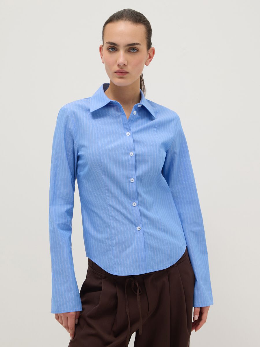Blue striped pure cotton slim fit shirt_1