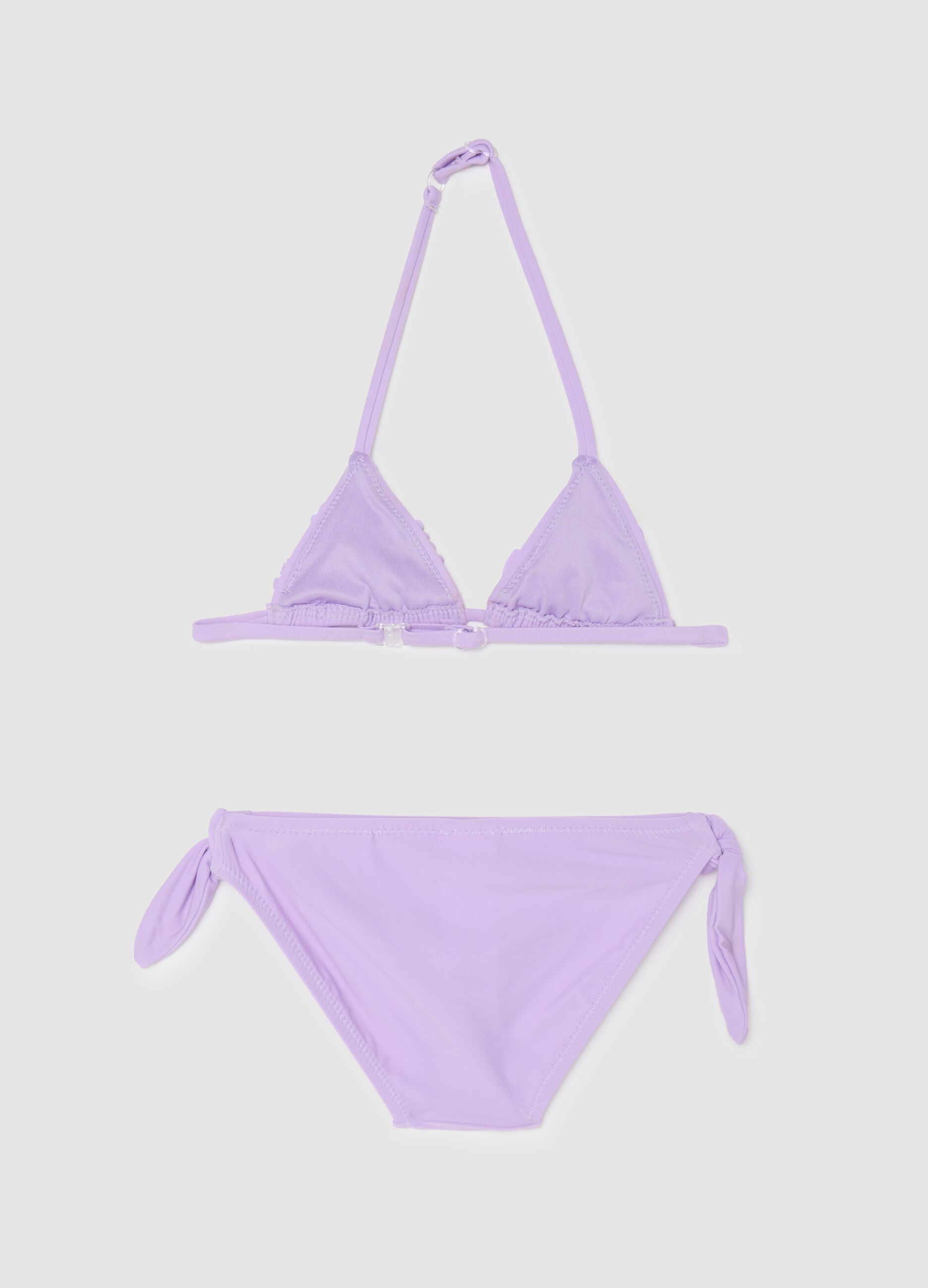 Girls' bikini in purple stretchy blend with ruffles and glitter