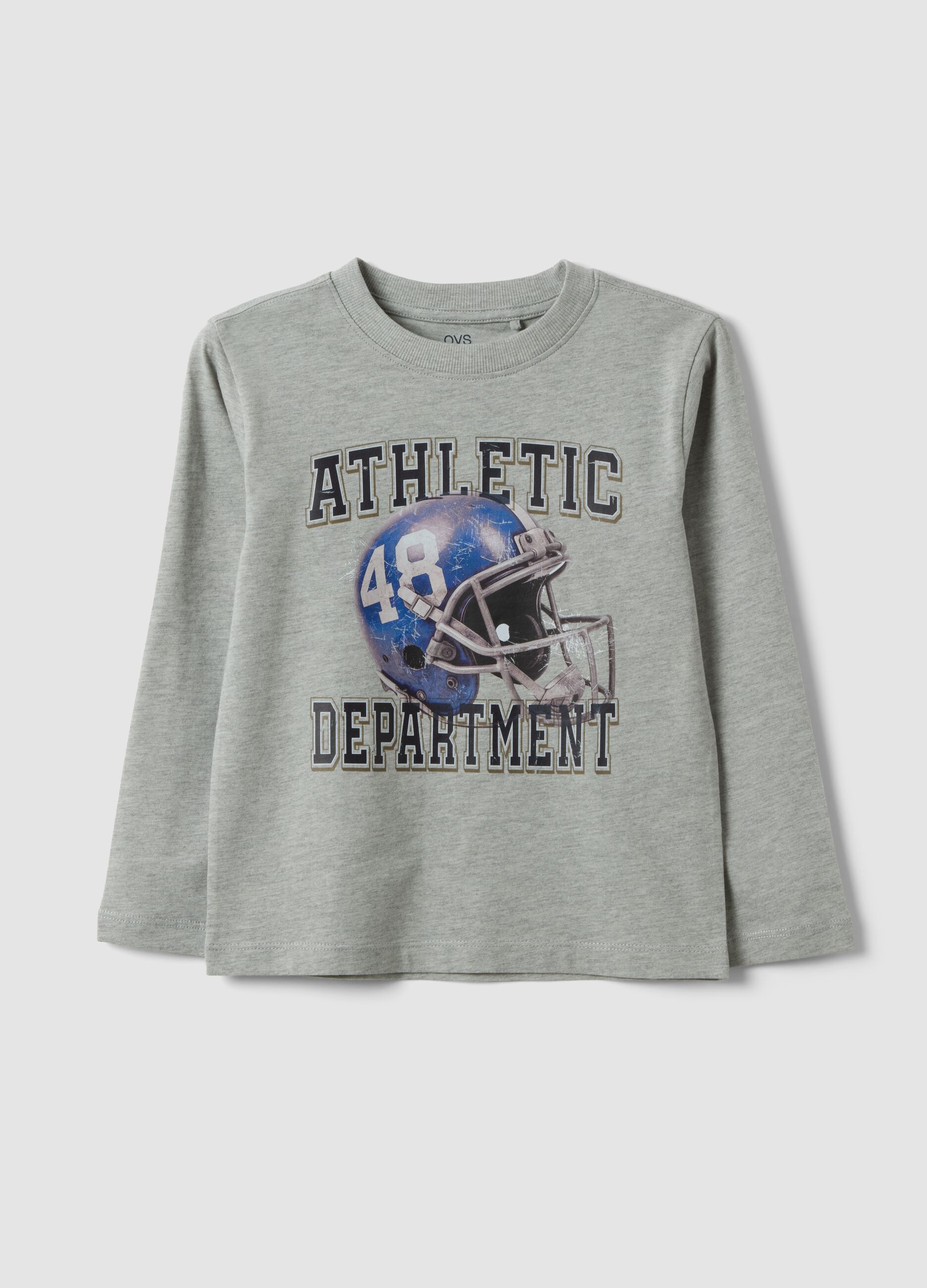 Grey cotton-viscose blend T-shirt with college print for boys